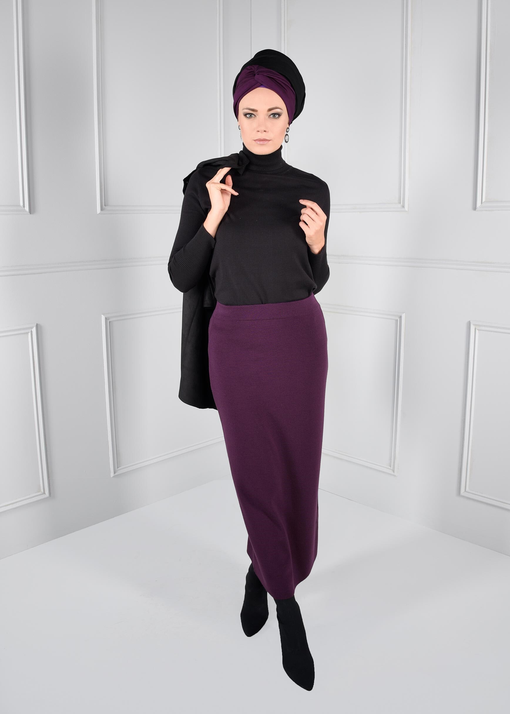 Tesettür giyim MÜRDÜM BELİ LASTİKLİ TRİKO ETEK 6095