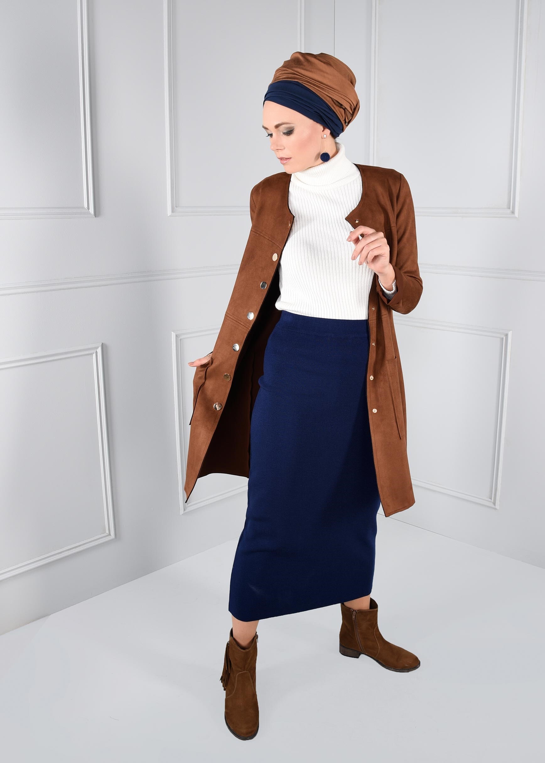 Tesettür giyim LACİVERT BELİ LASTİKLİ TRİKO ETEK 6095