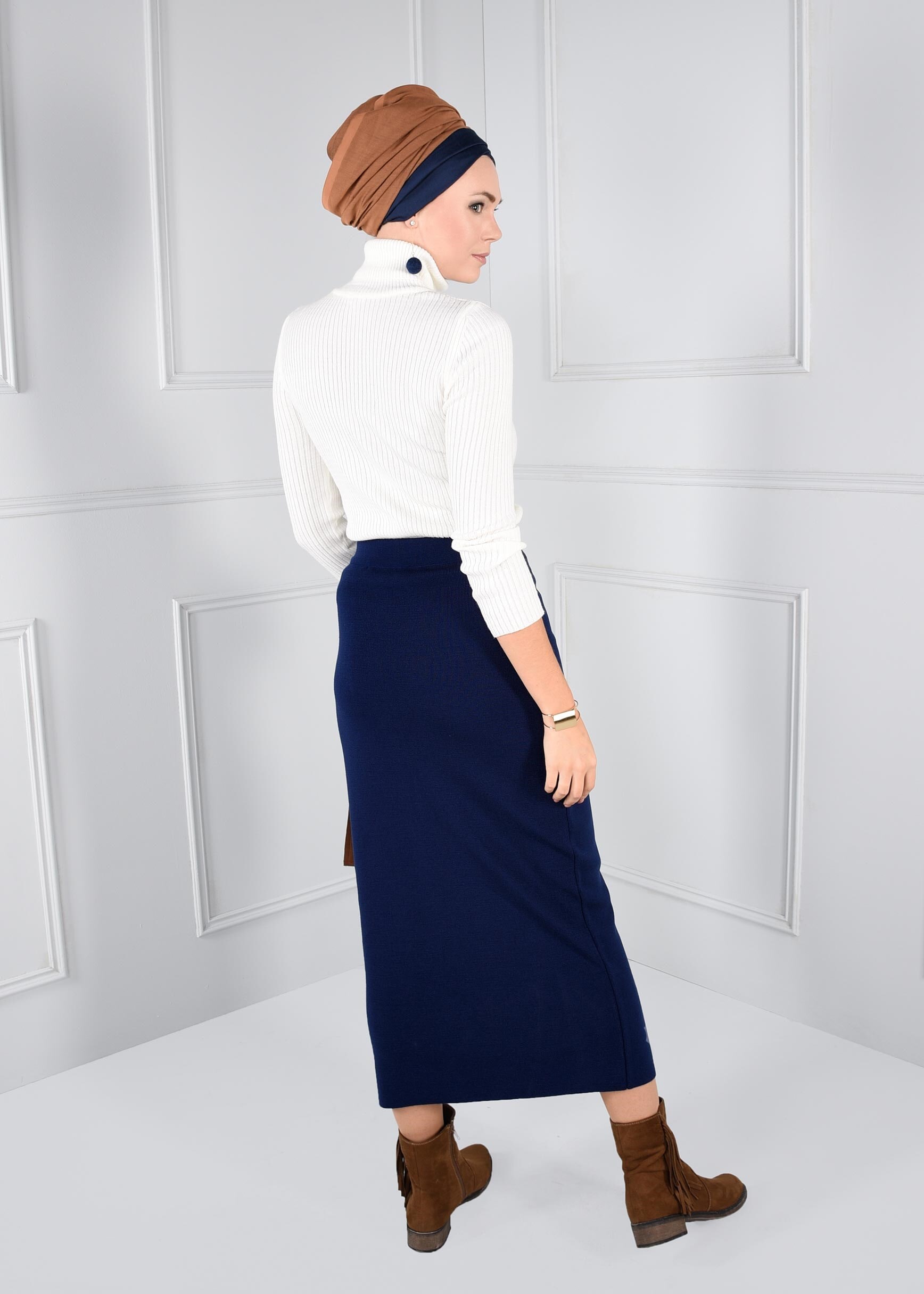 Tesettür giyim LACİVERT BELİ LASTİKLİ TRİKO ETEK 6095