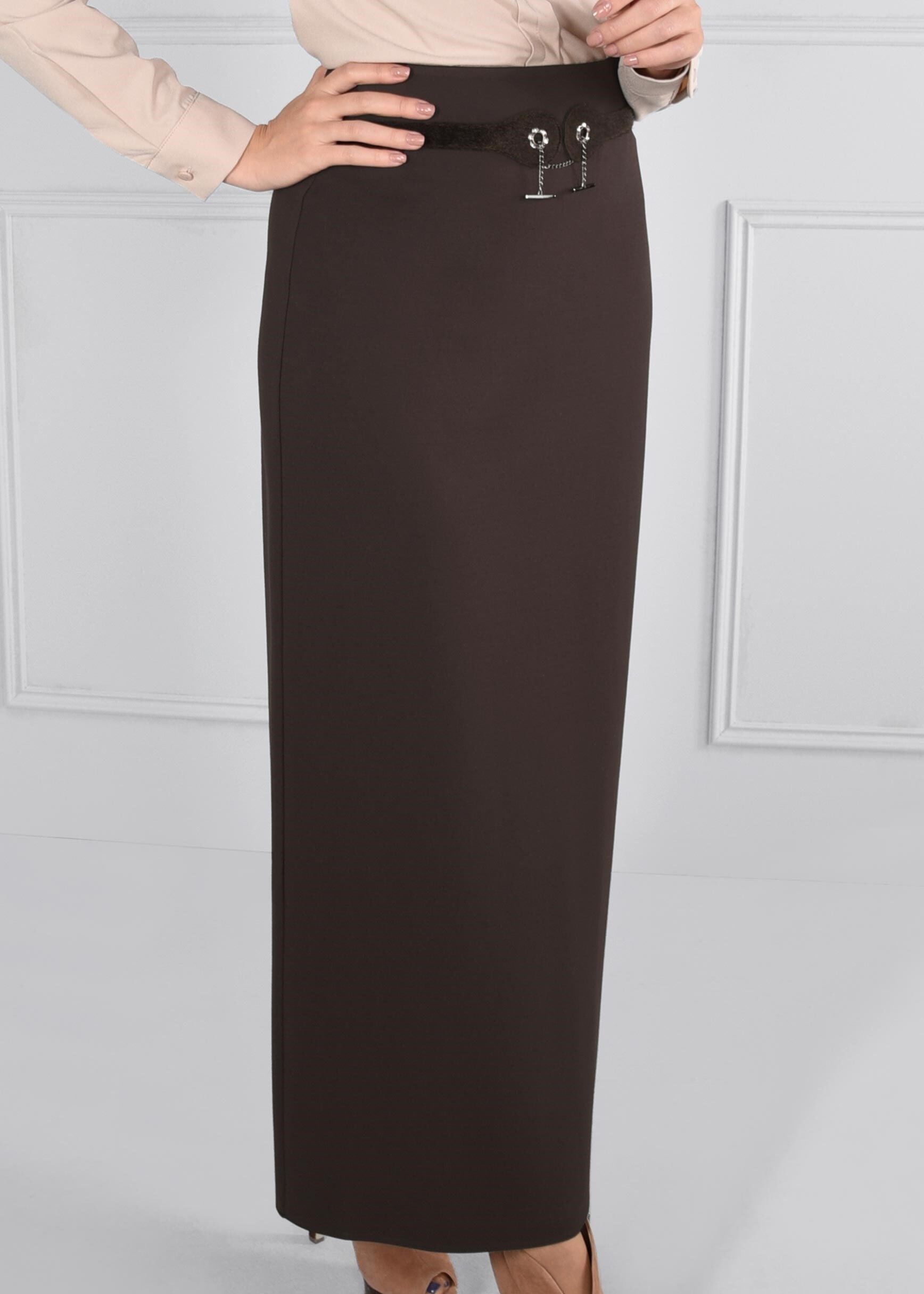 Tesettür giyim KAHVE BELDEN ZİNCİR DETAYLI GİZLİ YIRTMAÇLI ETEK 6098