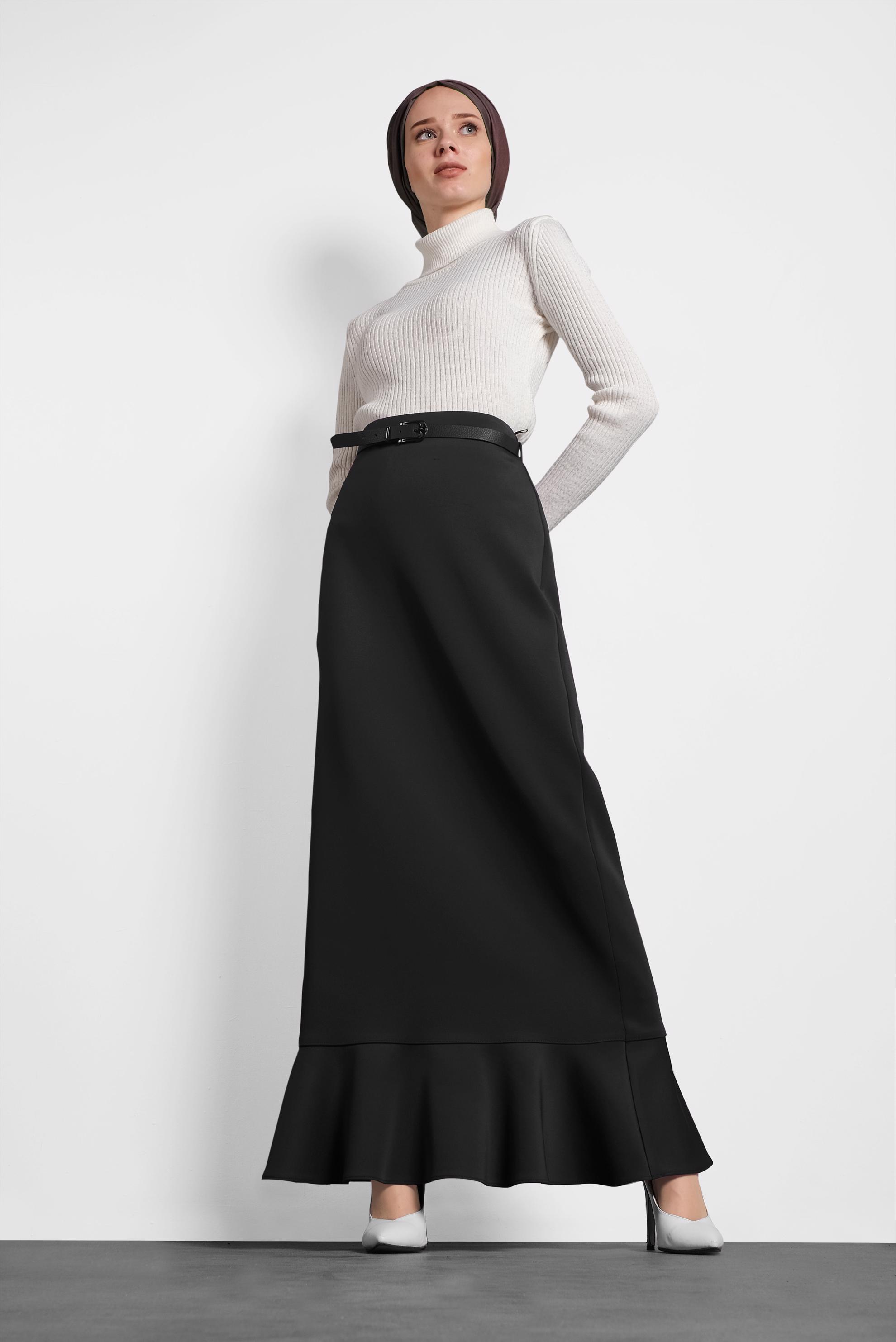 Tesettür giyim SİYAH VOLANLI DÜZ ETEK 6099 