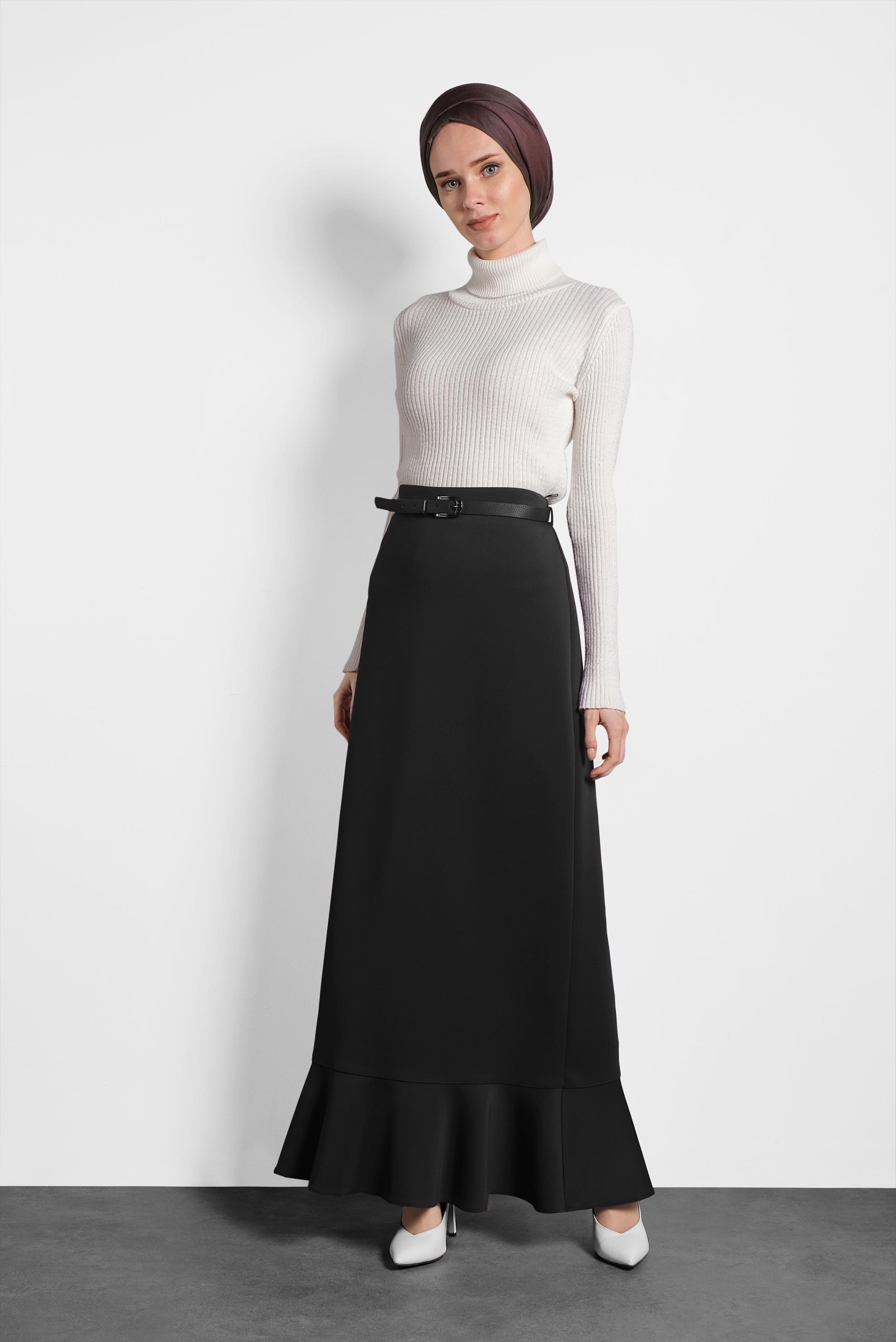 Tesettür giyim SİYAH VOLANLI DÜZ ETEK 6099 