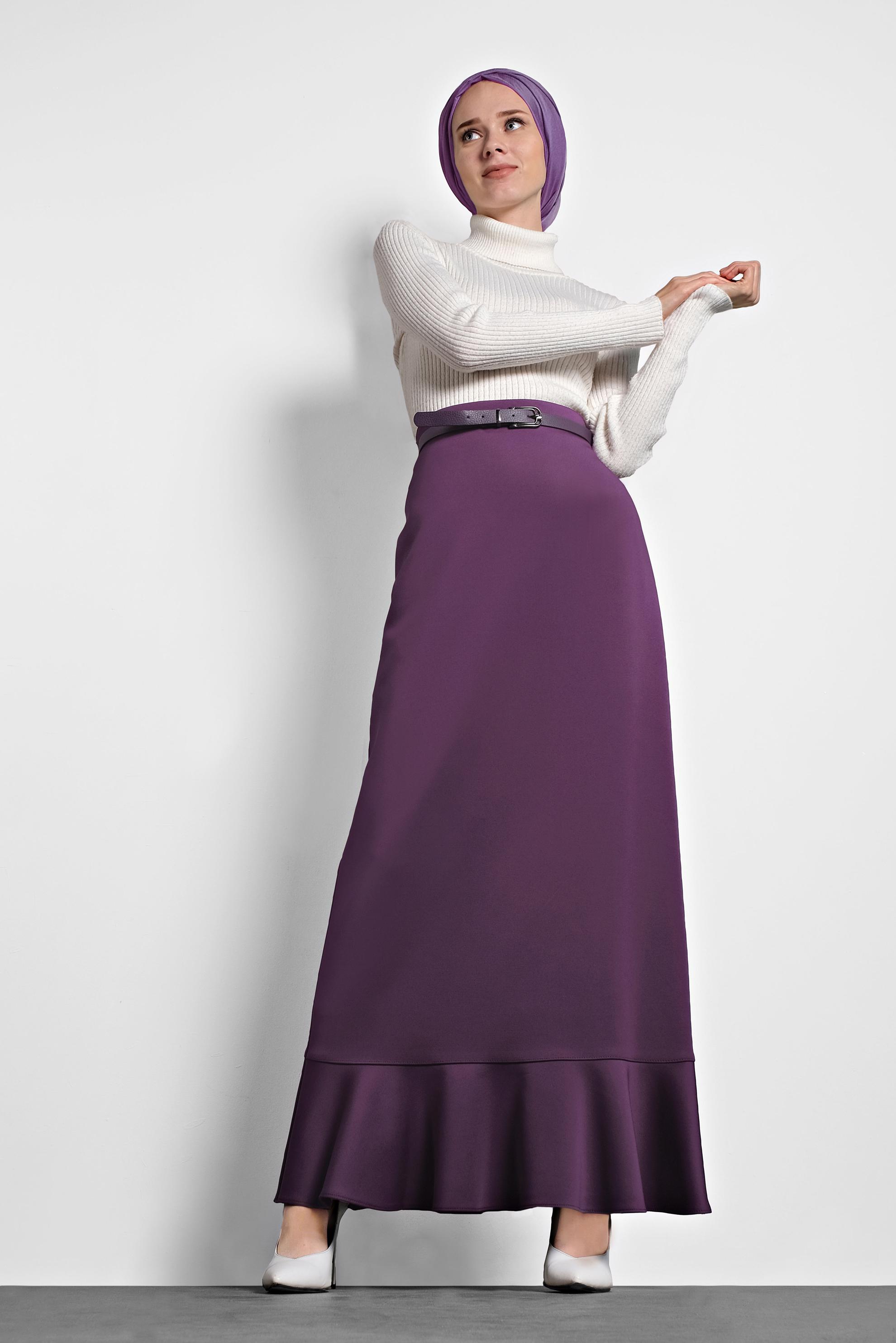Tesettür giyim MOR VOLANLI DÜZ ETEK 6099 