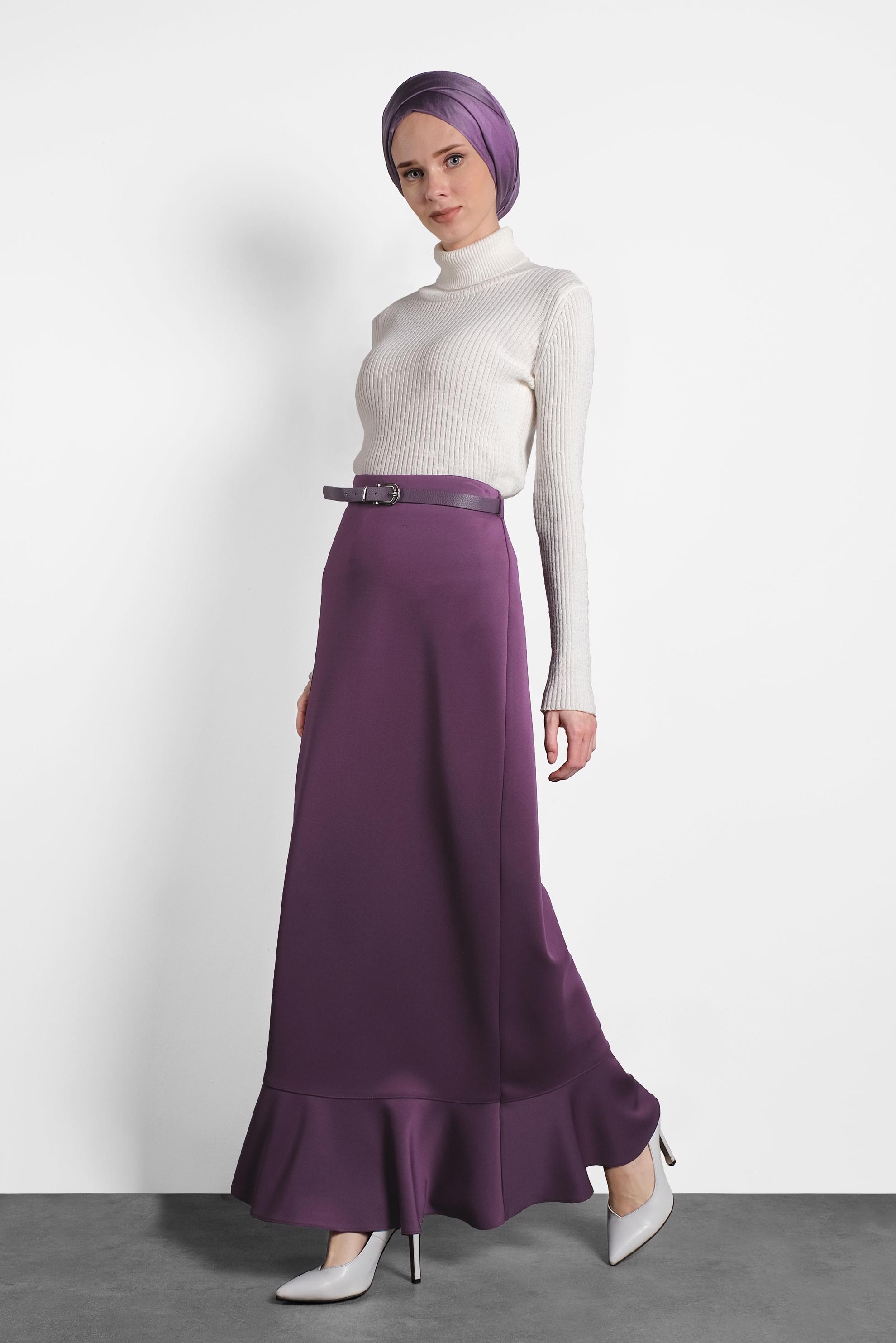 Tesettür giyim MOR VOLANLI DÜZ ETEK 6099 