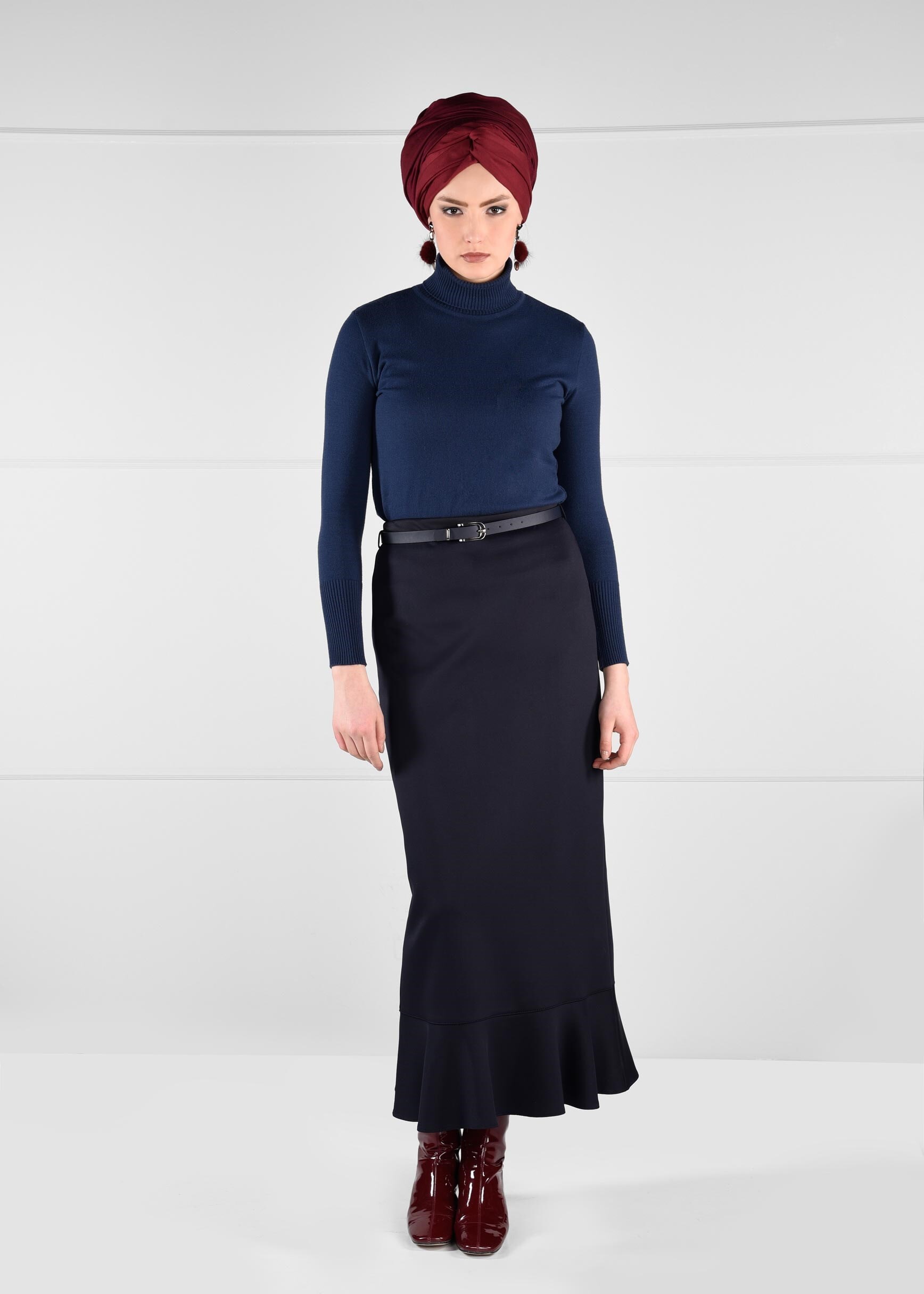 Tesettür giyim LACİVERT VOLANLI DÜZ ETEK 6099 