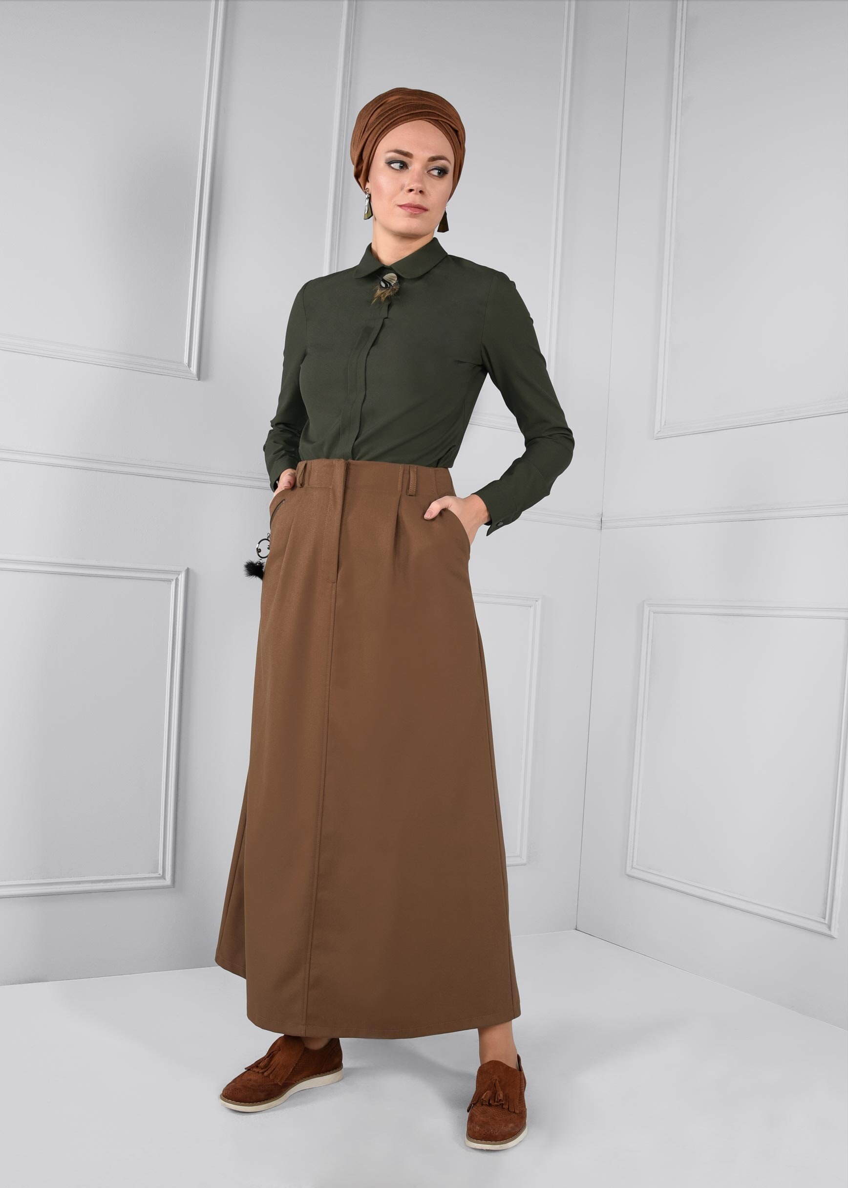 Tesettür giyim KAHVE CEP DETAYLI ETEK 6100