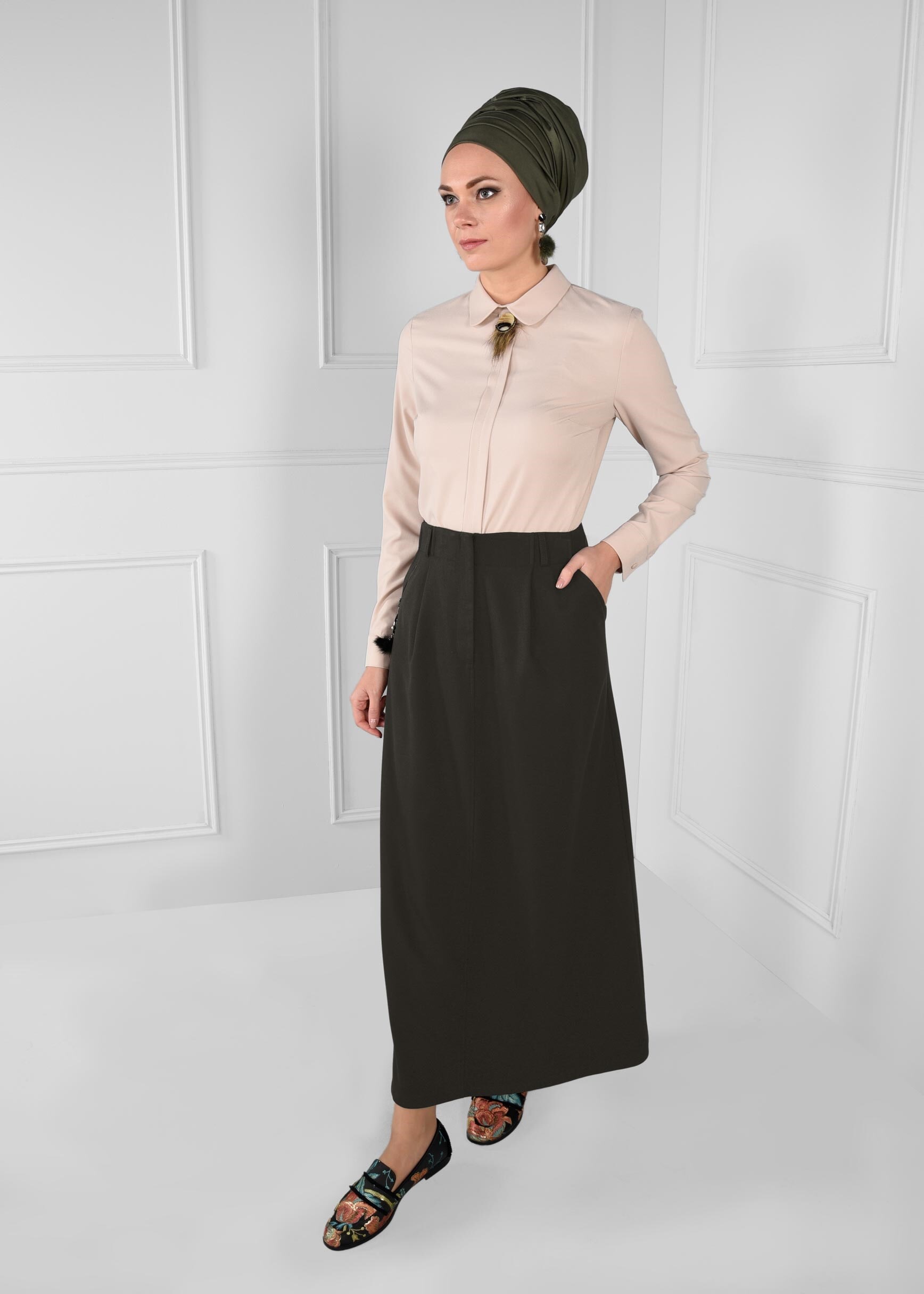 Tesettür giyim HAKİ CEP DETAYLI ETEK 6100