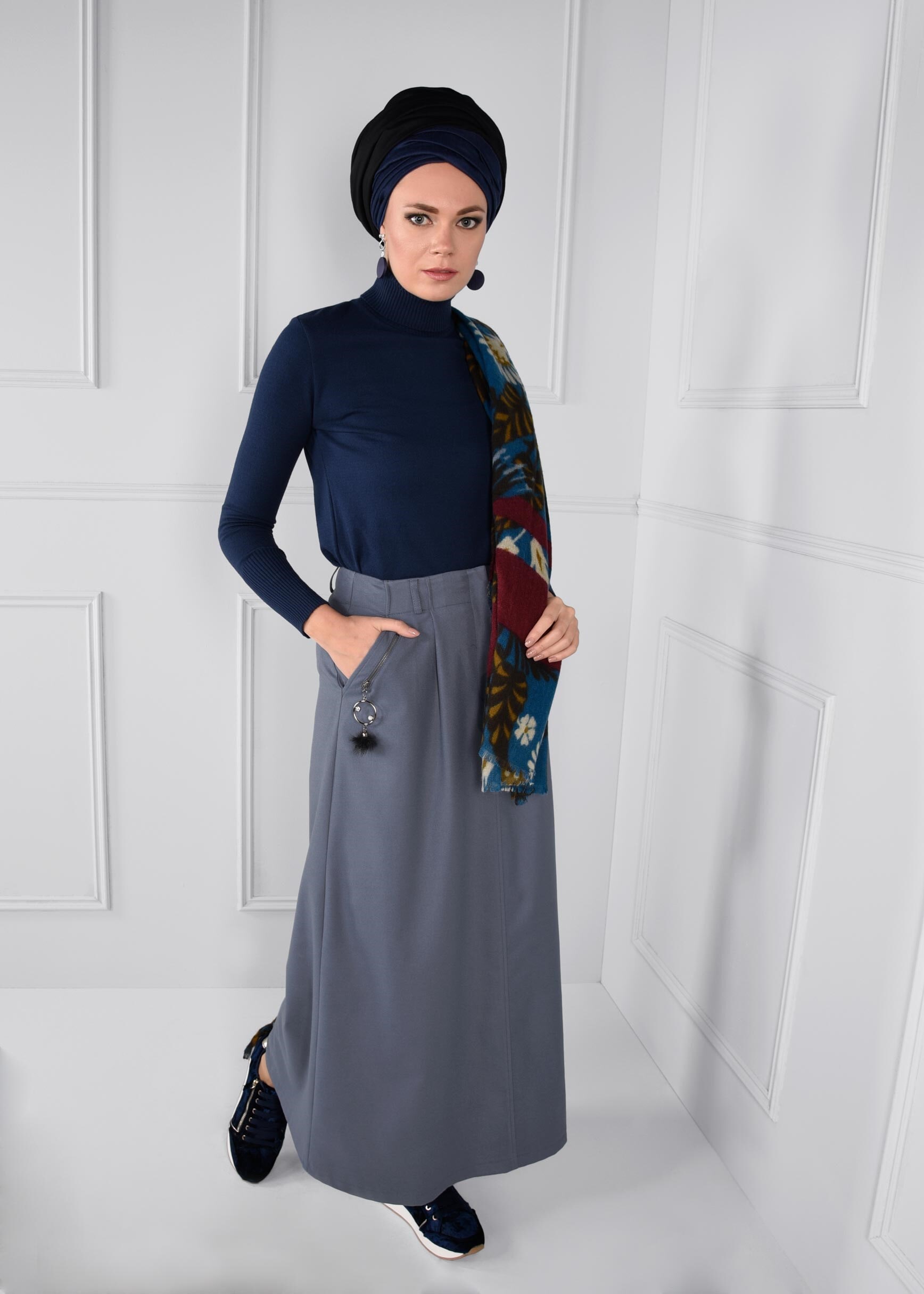 Tesettür giyim MAVİ CEP DETAYLI ETEK 6100