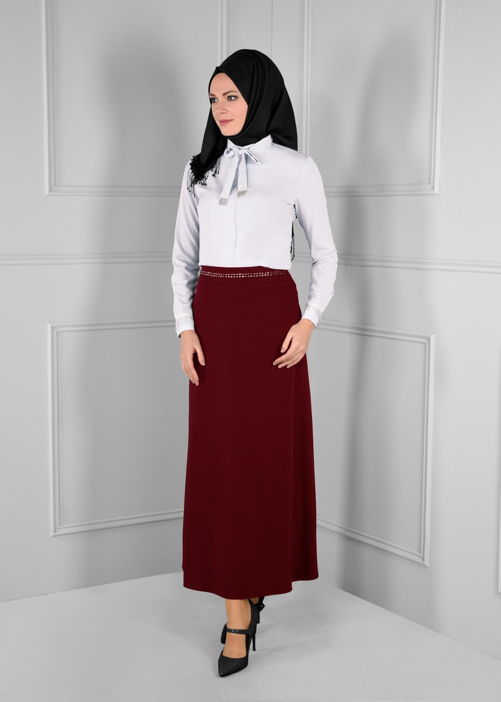 Tesettür giyim BORDO BELİ ZIMBA DETAYLI ETEK 6101 