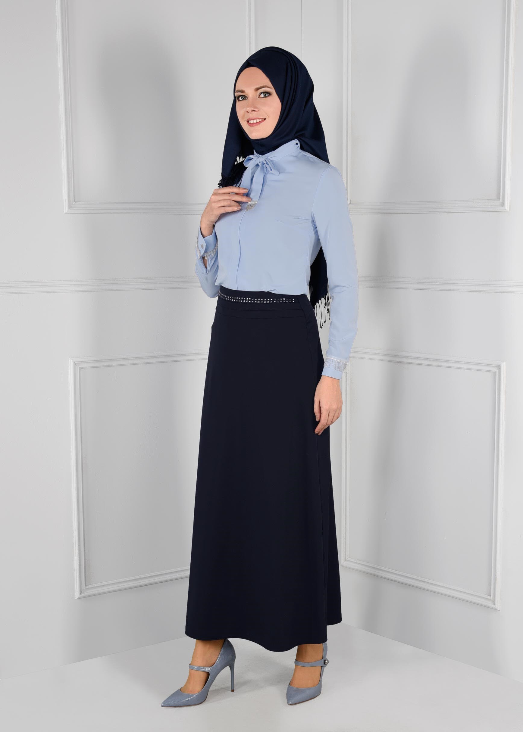 Tesettür giyim LACİVERT BELİ ZIMBA DETAYLI ETEK 6101 