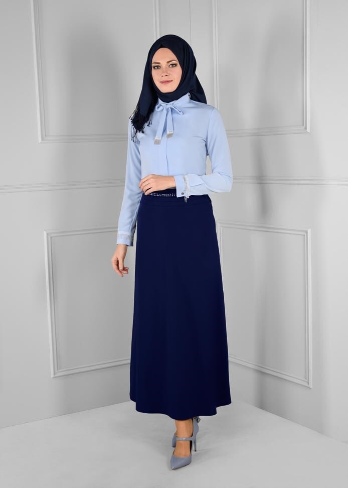 Tesettür giyim LACİVERT BELİ ZIMBA DETAYLI ETEK 6101 