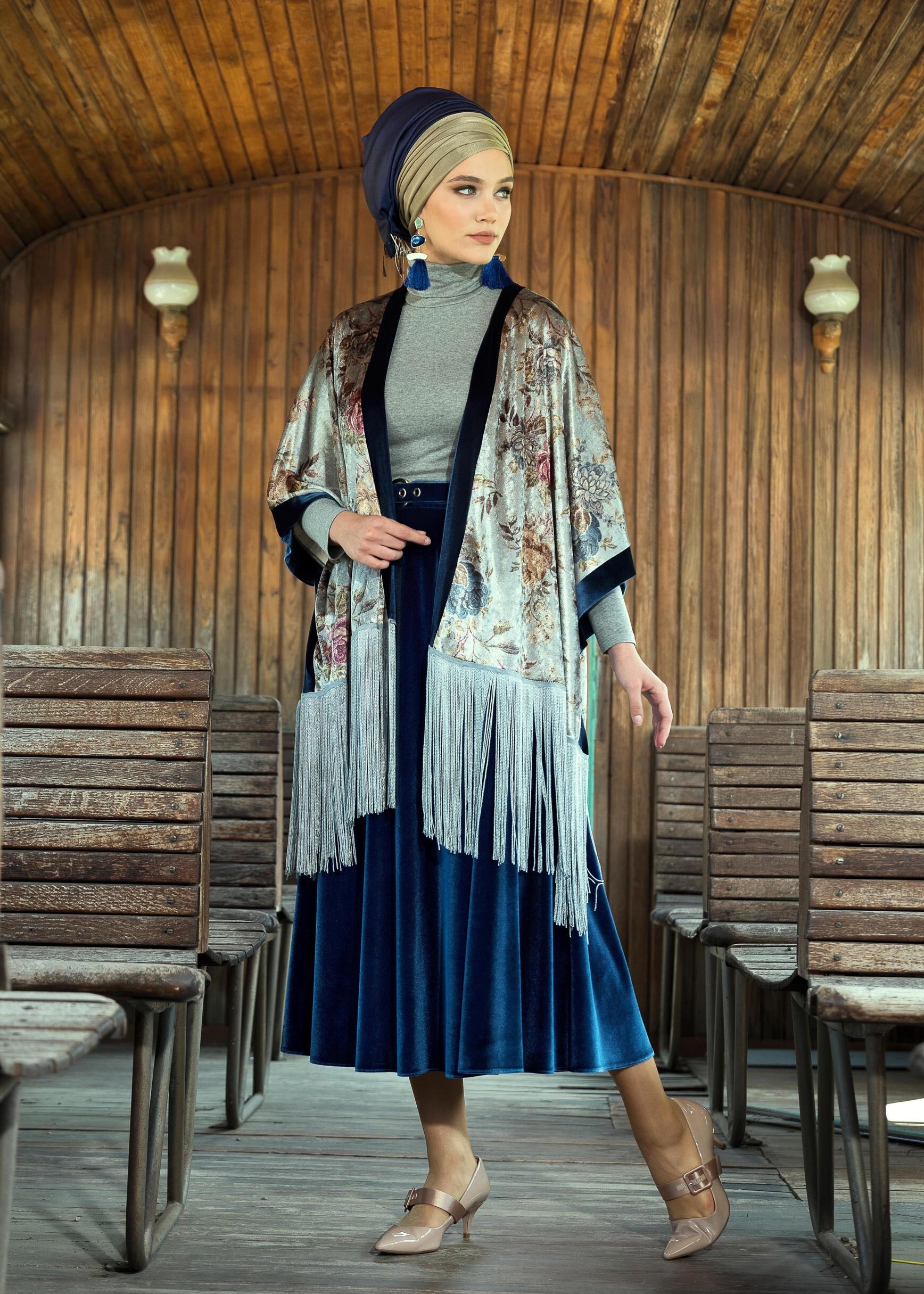 Tesettür giyim LACİVERT KLOŞ KADİFE ETEK 6104