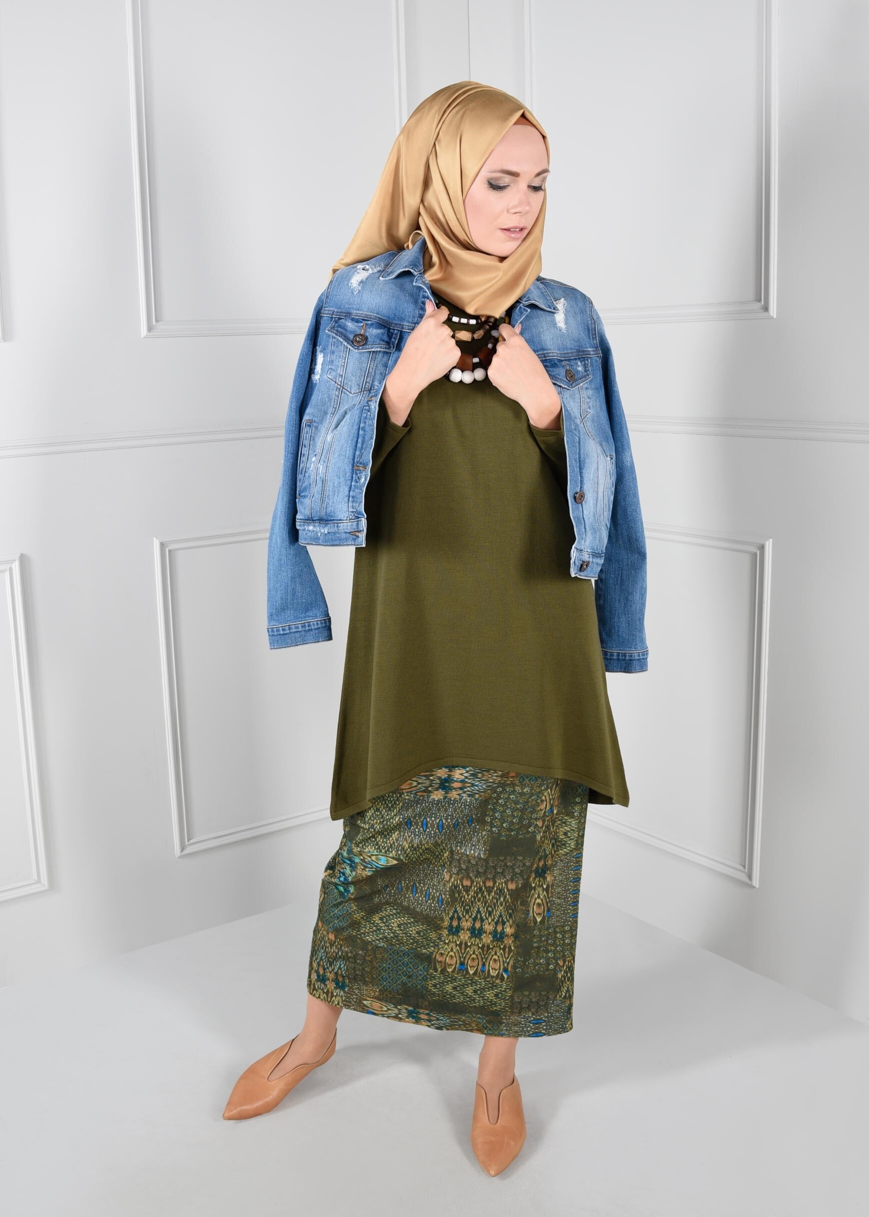 Tesettür giyim HAKİ YÜKSEK BEL DESENLİ ETEK 6105