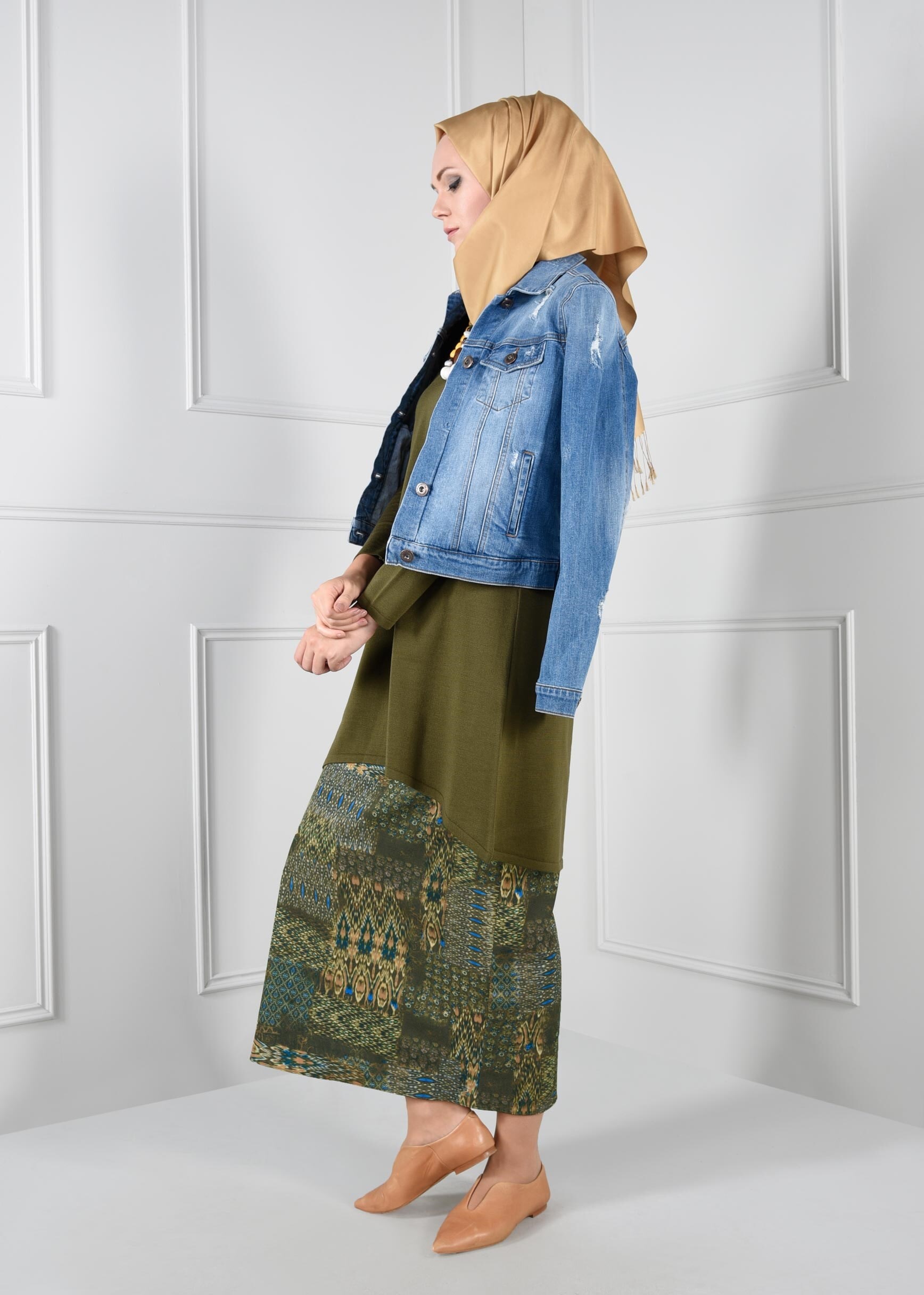 Tesettür giyim HAKİ YÜKSEK BEL DESENLİ ETEK 6105