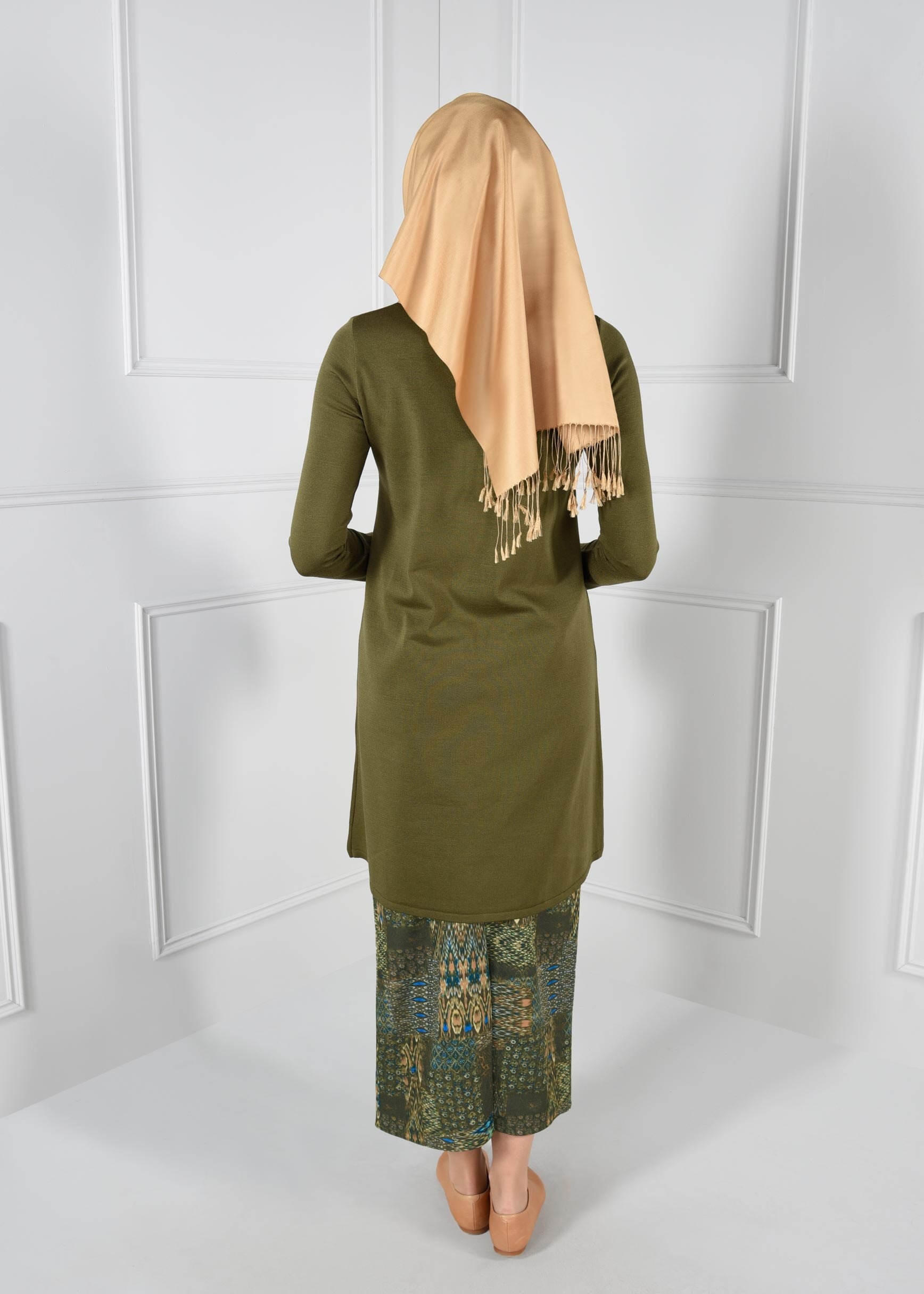 Tesettür giyim HAKİ YÜKSEK BEL DESENLİ ETEK 6105