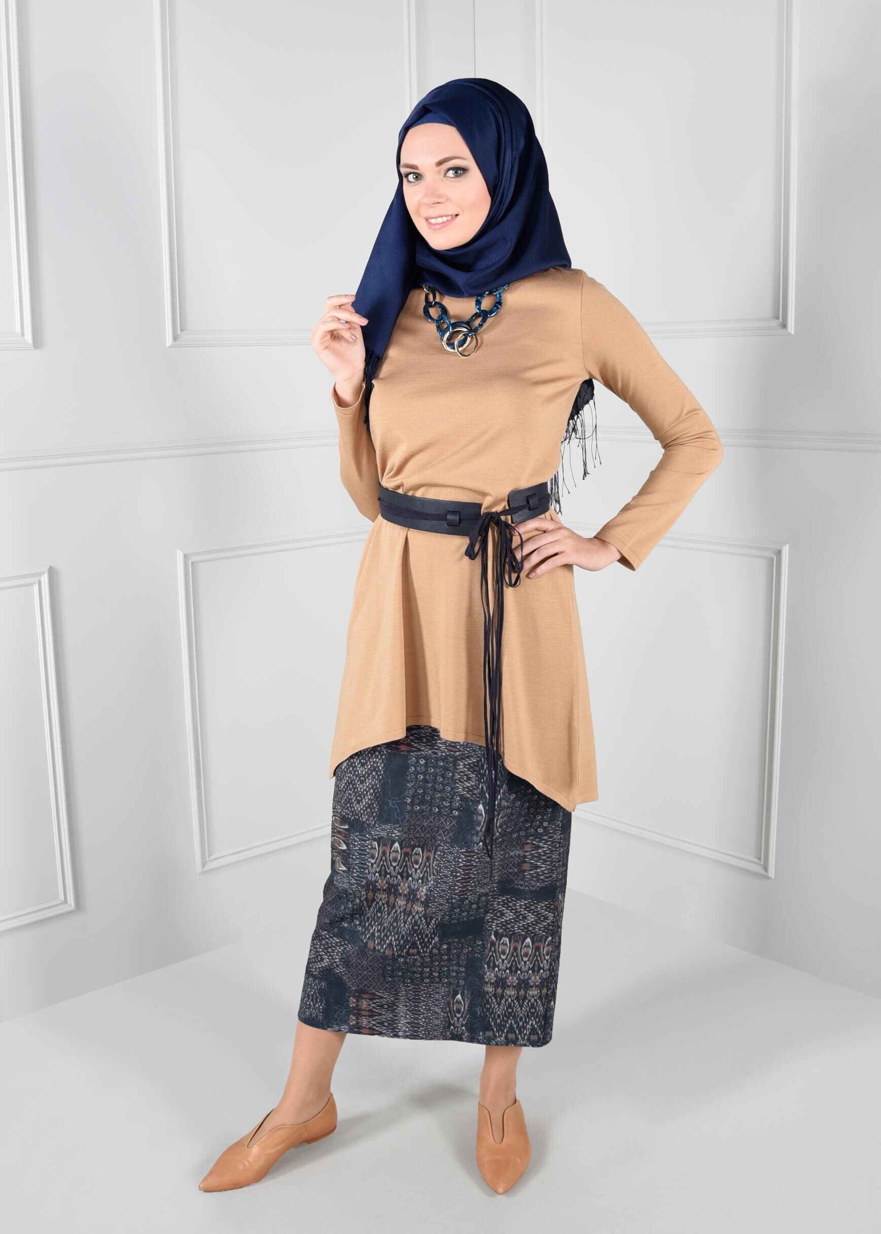 Tesettür giyim LACİVERT YÜKSEK BEL DESENLİ ETEK 6105