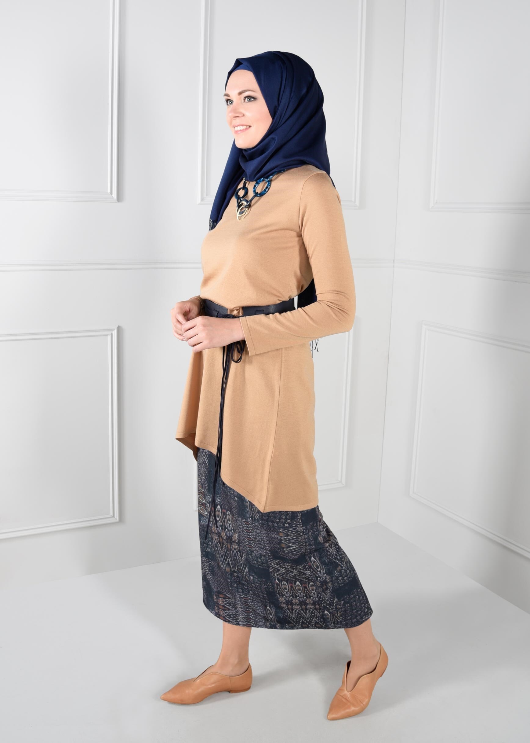 Tesettür giyim LACİVERT YÜKSEK BEL DESENLİ ETEK 6105