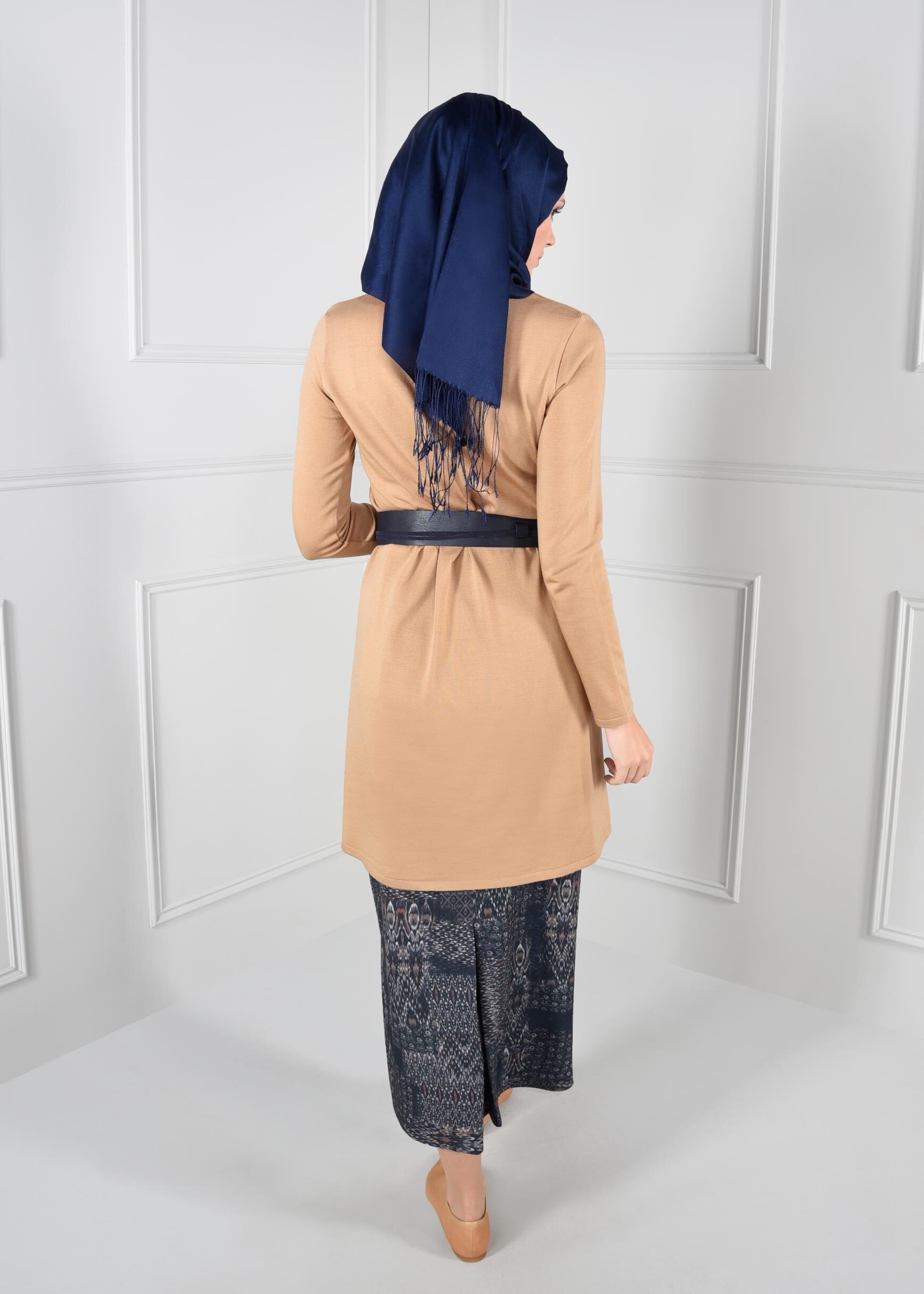 Tesettür giyim LACİVERT YÜKSEK BEL DESENLİ ETEK 6105