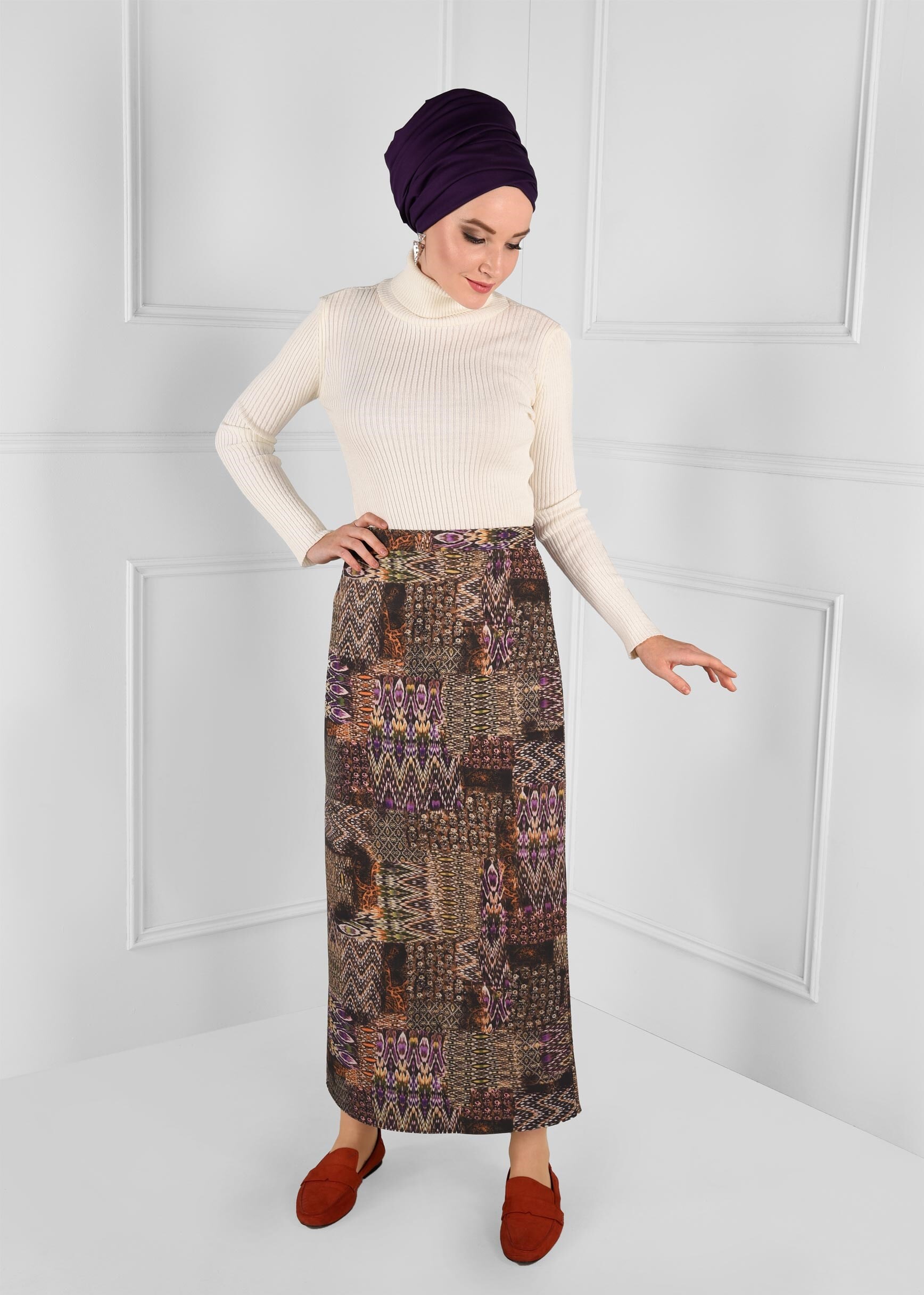 Tesettür giyim KAHVE YÜKSEK BEL DESENLİ ETEK 6105