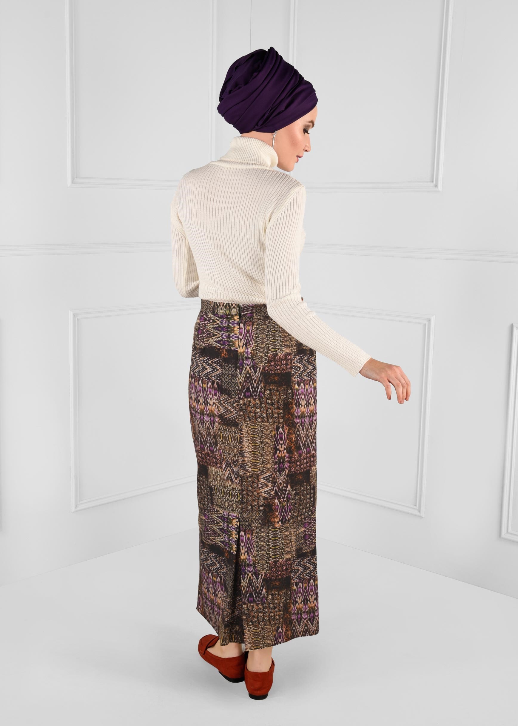 Tesettür giyim KAHVE YÜKSEK BEL DESENLİ ETEK 6105