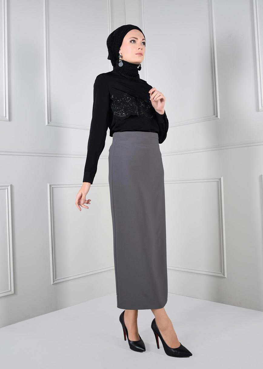 Tesettür giyim GRİ YÜKSEK BEL GİZLİ YIRTMAÇLI ETEK 6106