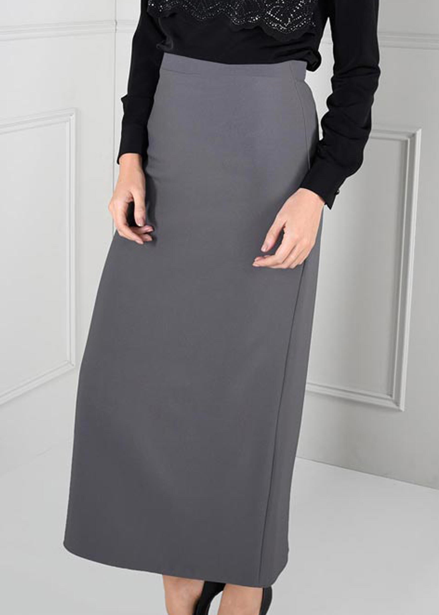 Tesettür giyim GRİ YÜKSEK BEL GİZLİ YIRTMAÇLI ETEK 6106