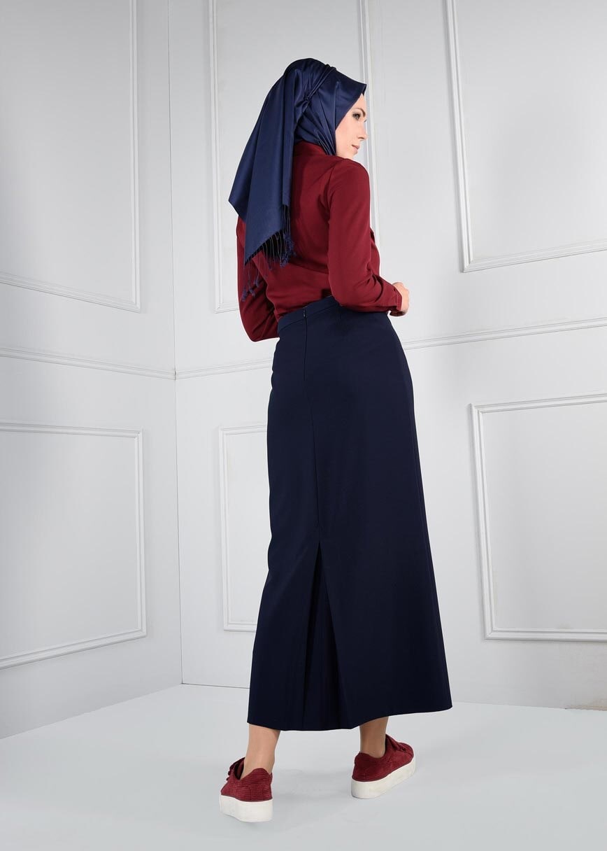 Tesettür giyim LACİVERT YÜKSEK BEL GİZLİ YIRTMAÇLI ETEK 6106