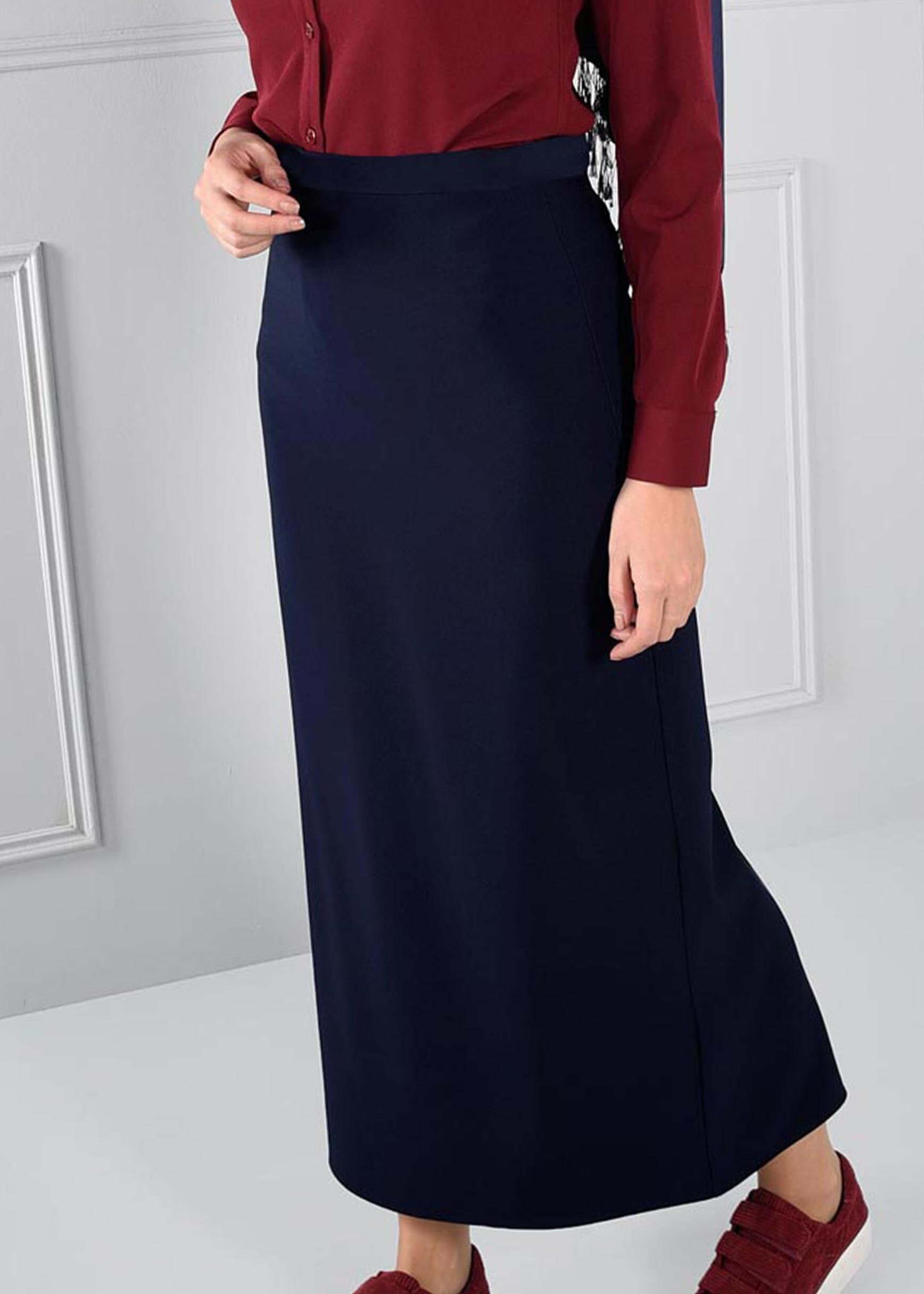 Tesettür giyim LACİVERT YÜKSEK BEL GİZLİ YIRTMAÇLI ETEK 6106