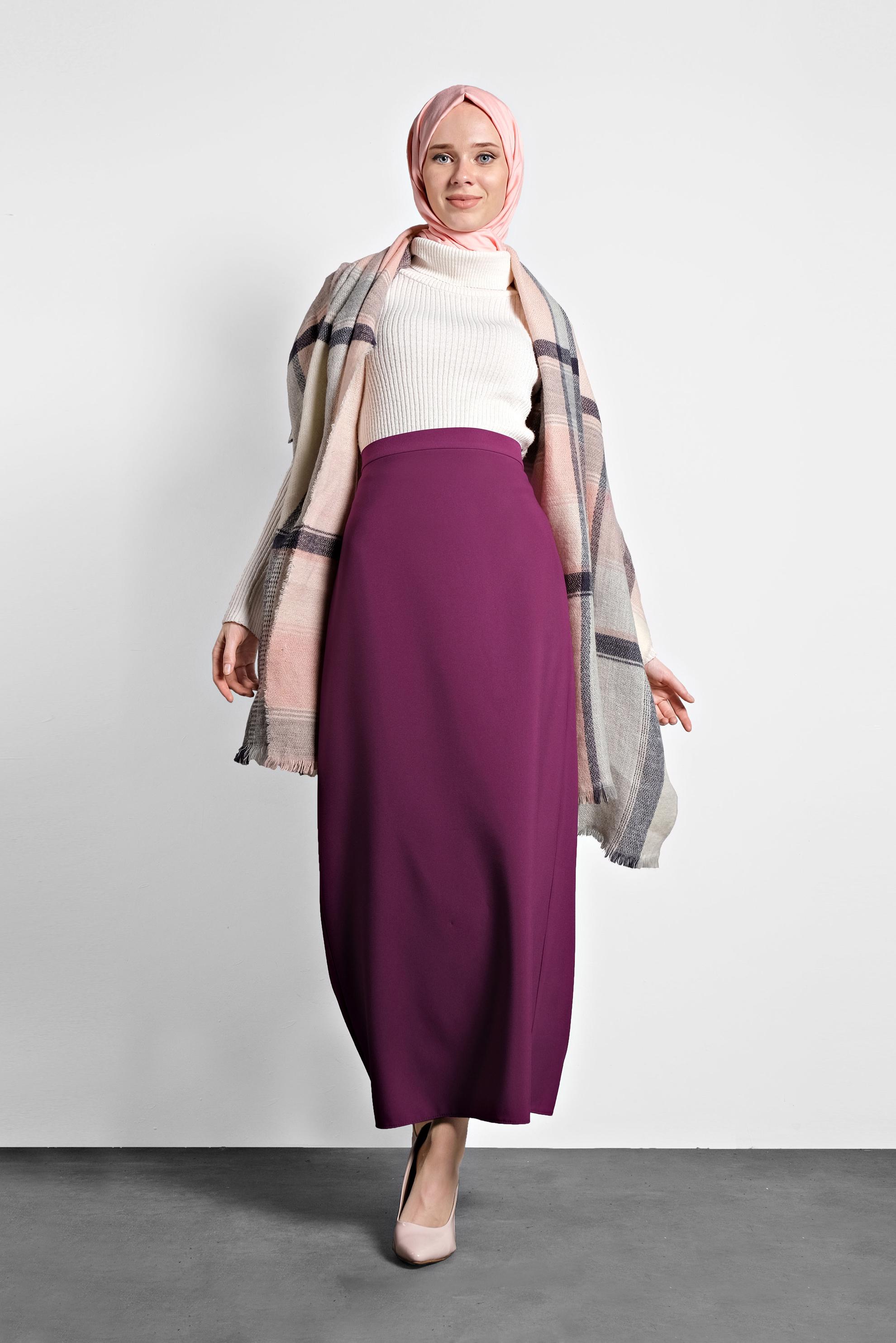 Tesettür giyim MOR YÜKSEK BEL GİZLİ YIRTMAÇLI ETEK 6106