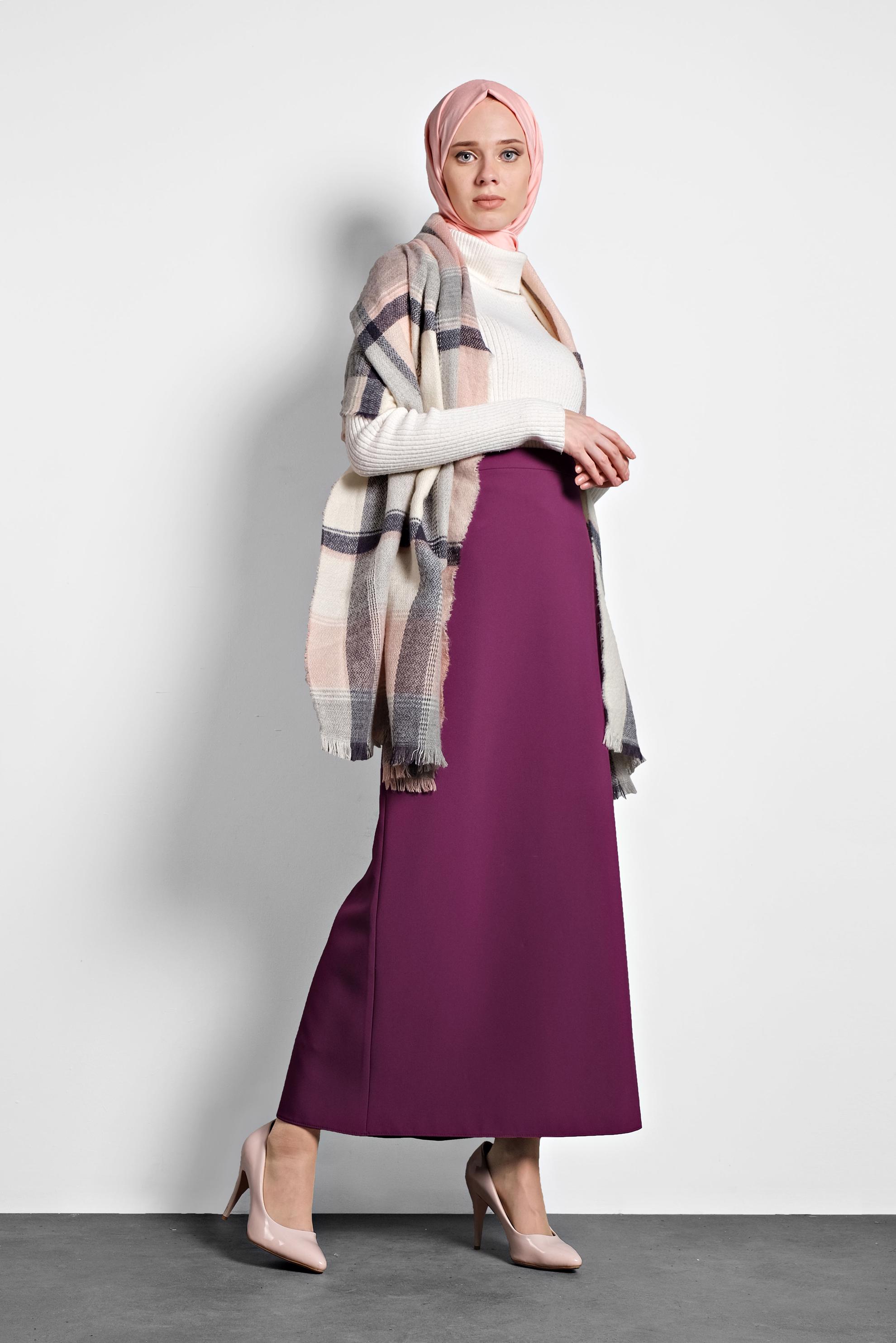 Tesettür giyim MOR YÜKSEK BEL GİZLİ YIRTMAÇLI ETEK 6106