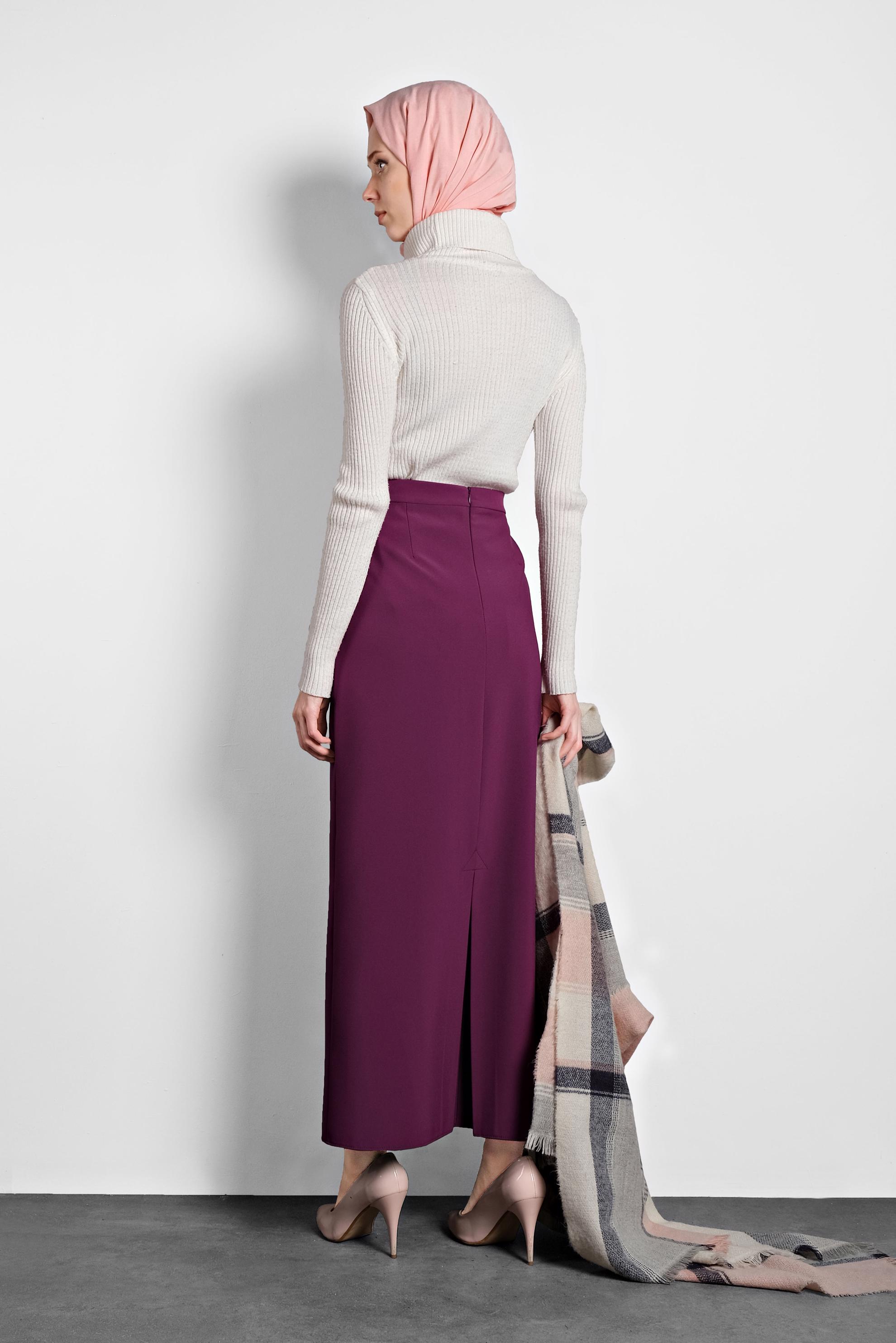 Tesettür giyim MOR YÜKSEK BEL GİZLİ YIRTMAÇLI ETEK 6106