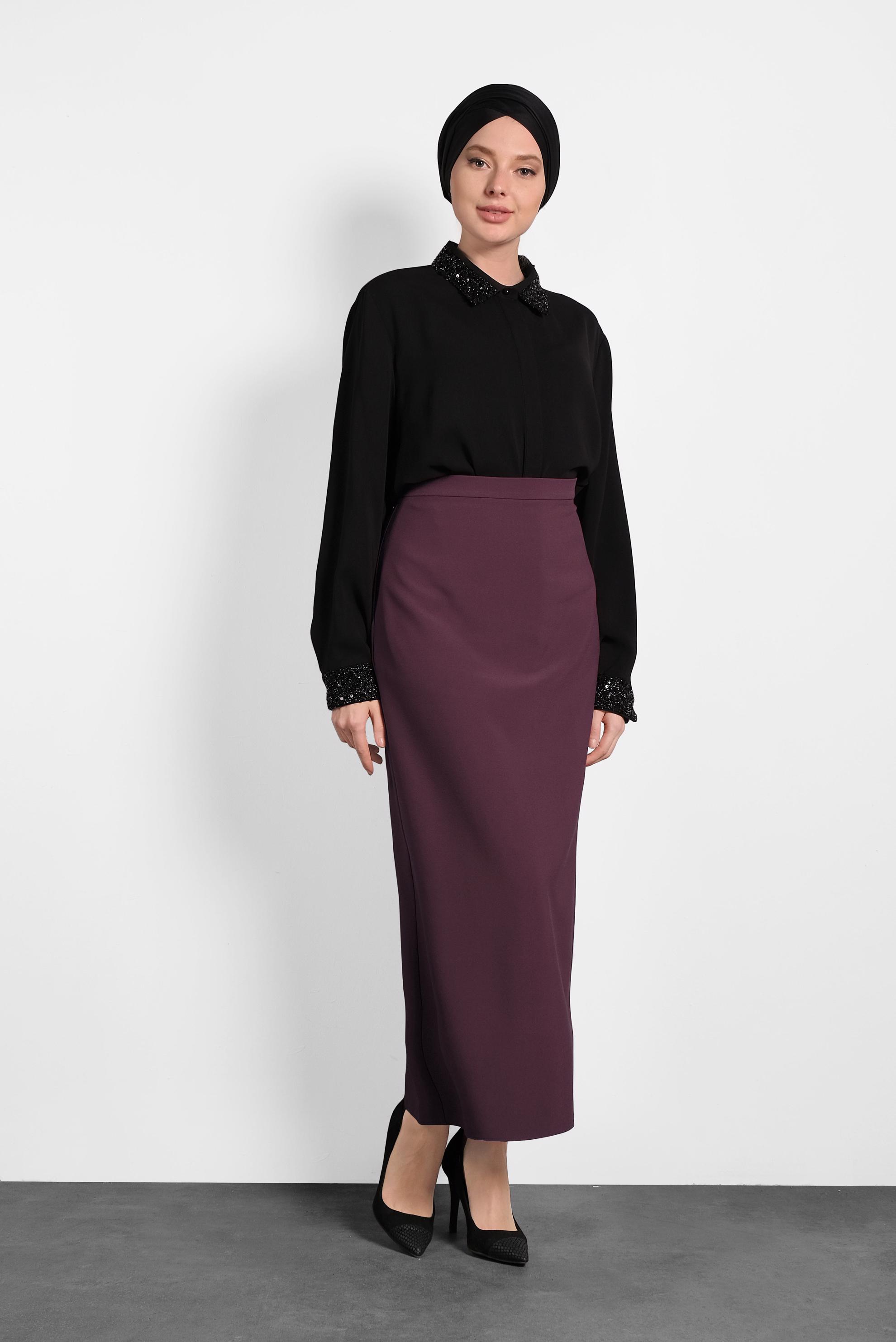 Tesettür giyim BORDO YÜKSEK BEL GİZLİ YIRTMAÇLI ETEK 6106