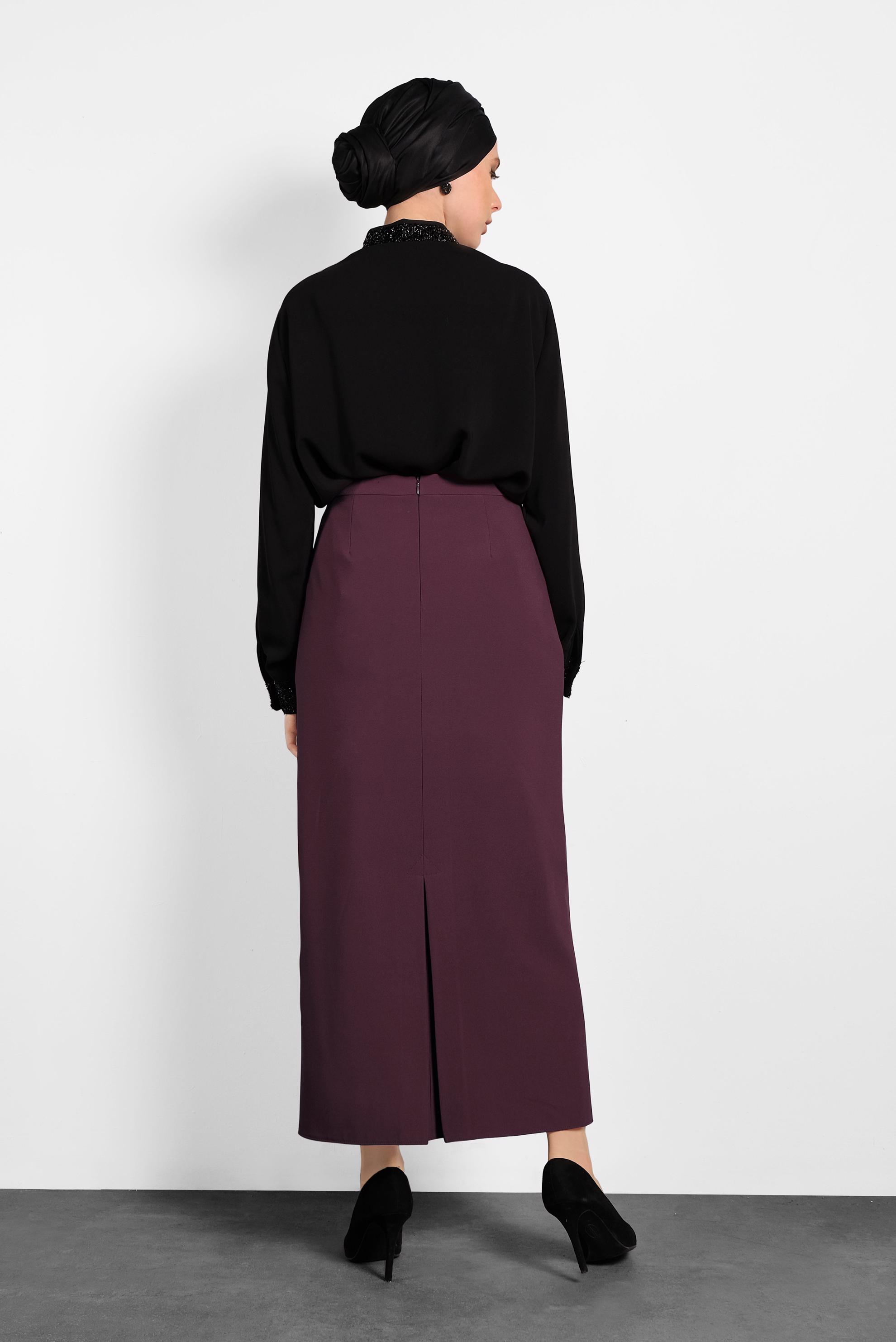 Tesettür giyim BORDO YÜKSEK BEL GİZLİ YIRTMAÇLI ETEK 6106