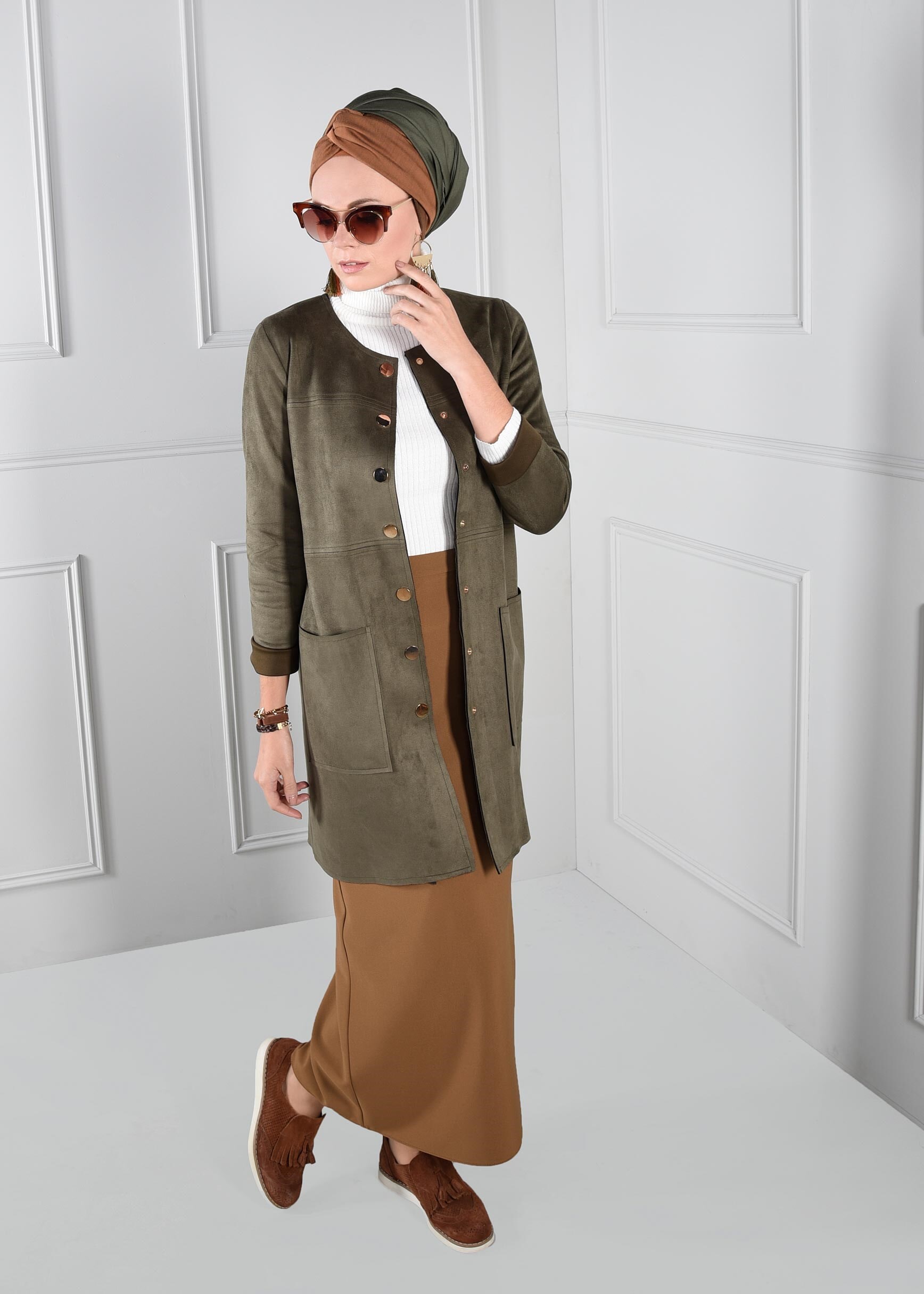 Tesettür giyim KAHVE YÜKSEK BEL GİZLİ YIRTMAÇLI ETEK 6106