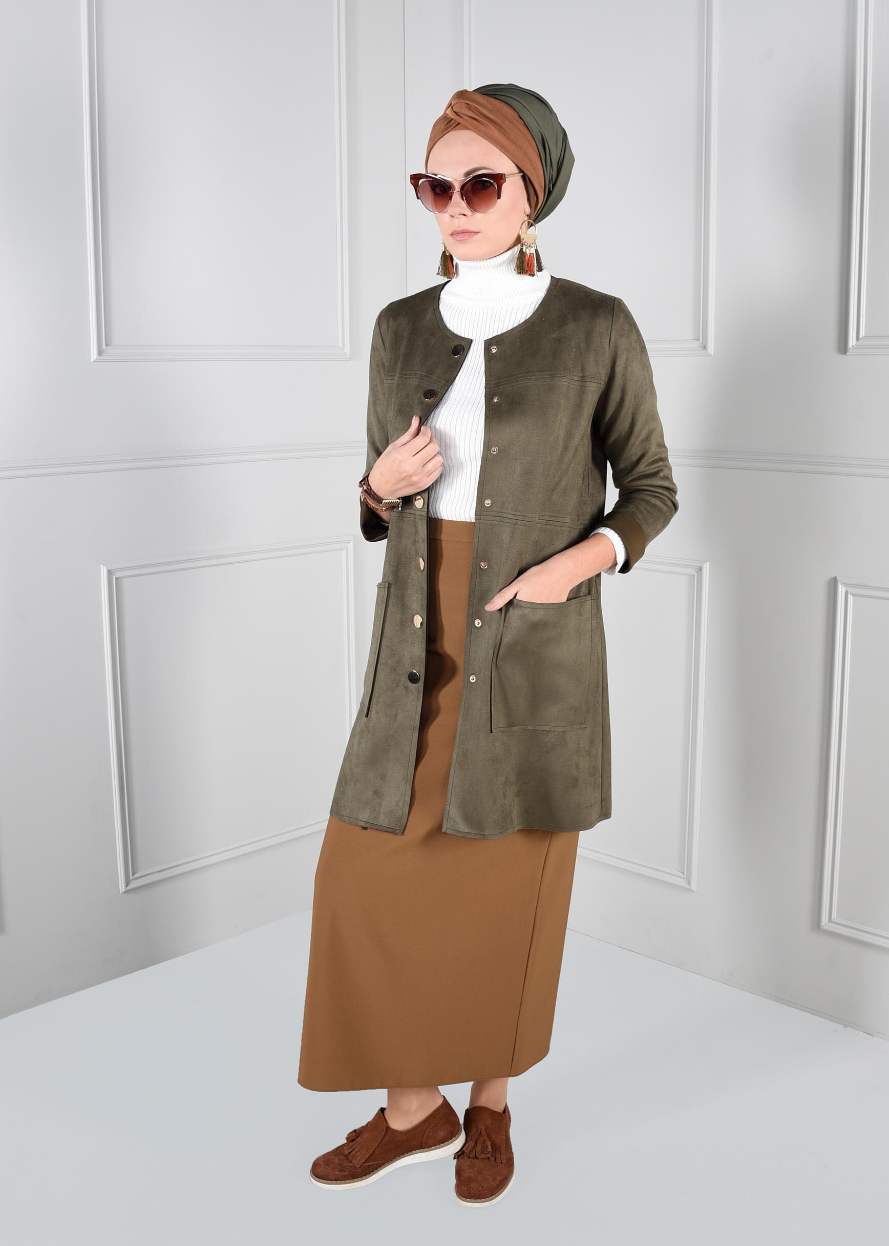 Tesettür giyim KAHVE YÜKSEK BEL GİZLİ YIRTMAÇLI ETEK 6106