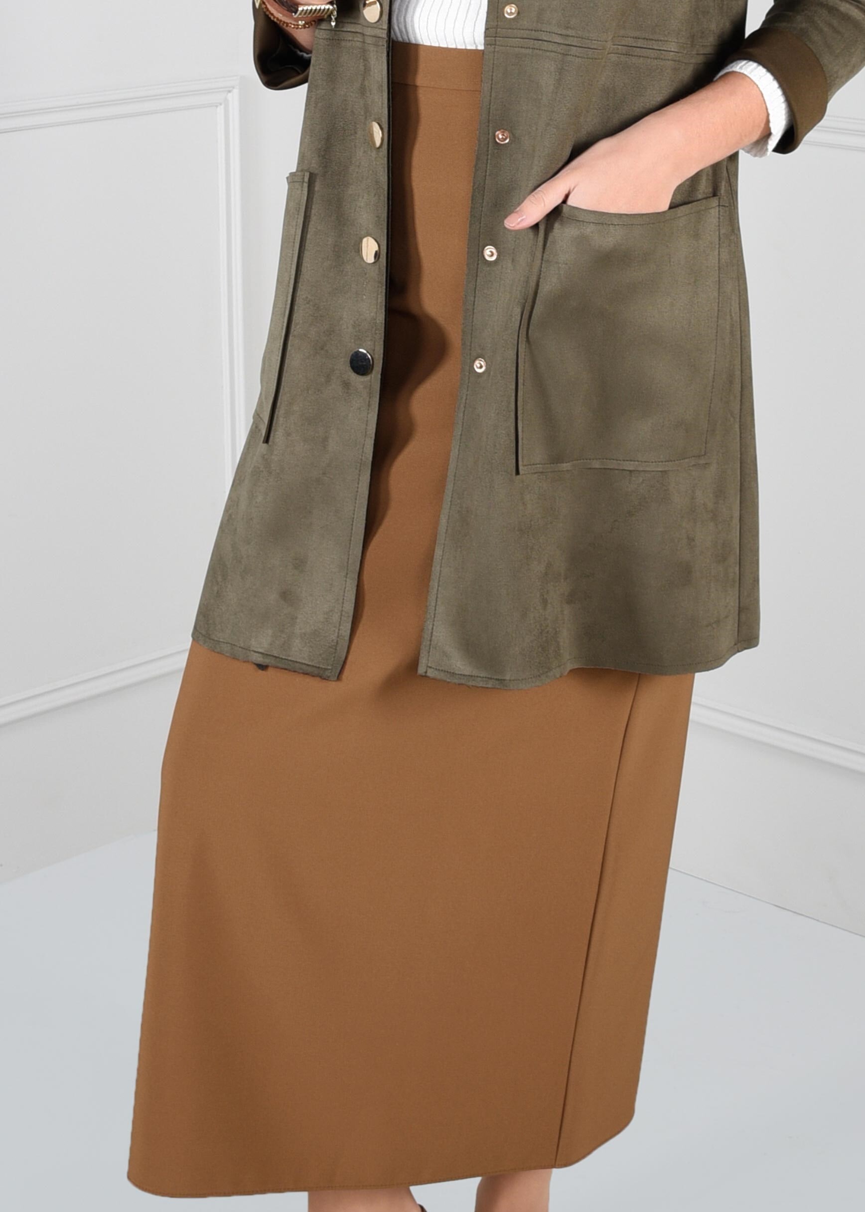 Tesettür giyim KAHVE YÜKSEK BEL GİZLİ YIRTMAÇLI ETEK 6106