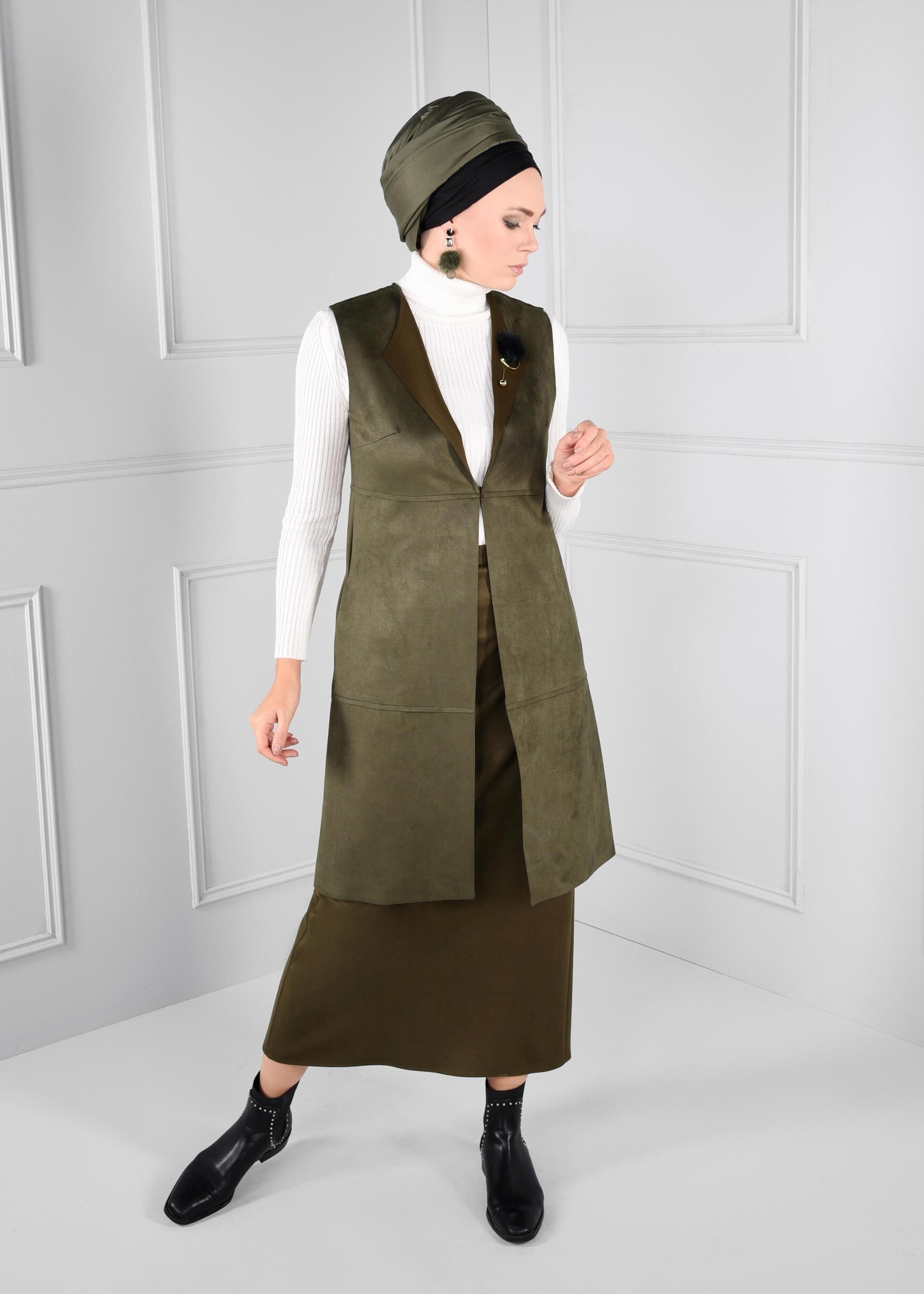 Tesettür giyim HAKİ GİZLİ YIRTMAÇLI DÜZ KESİM SÜET ETEK 6107