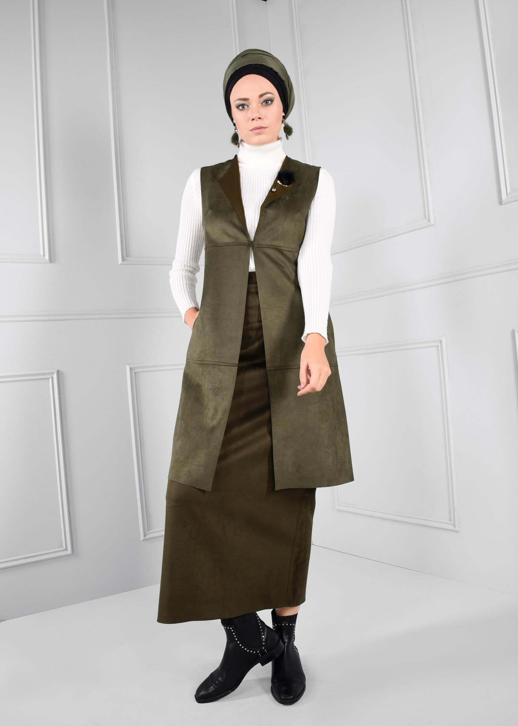 Tesettür giyim HAKİ GİZLİ YIRTMAÇLI DÜZ KESİM SÜET ETEK 6107