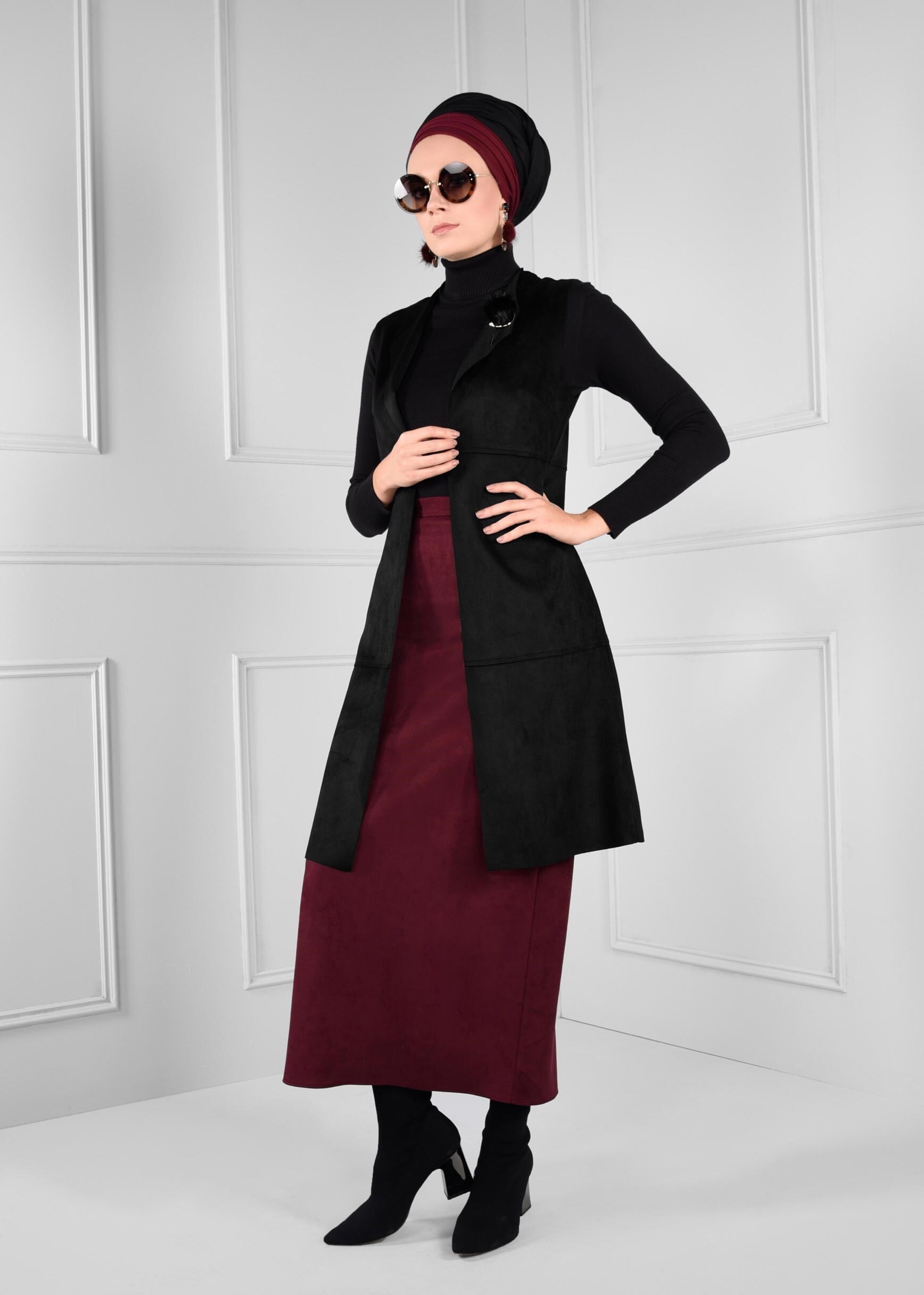 Tesettür giyim MÜRDÜM GİZLİ YIRTMAÇLI DÜZ KESİM SÜET ETEK 6107