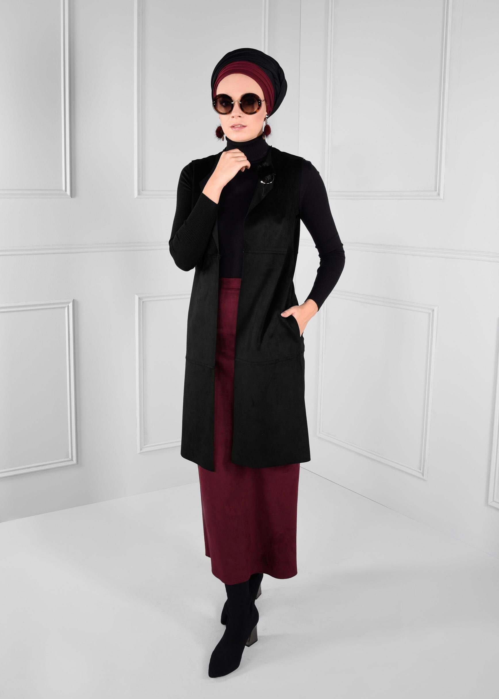 Tesettür giyim MÜRDÜM GİZLİ YIRTMAÇLI DÜZ KESİM SÜET ETEK 6107