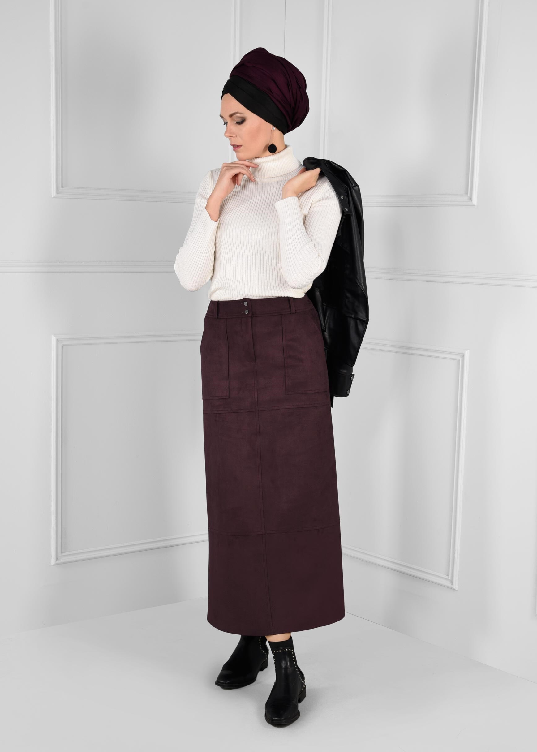 Tesettür giyim MÜRDÜM CEPLİ DÜĞMELİ SÜET ETEK 6108