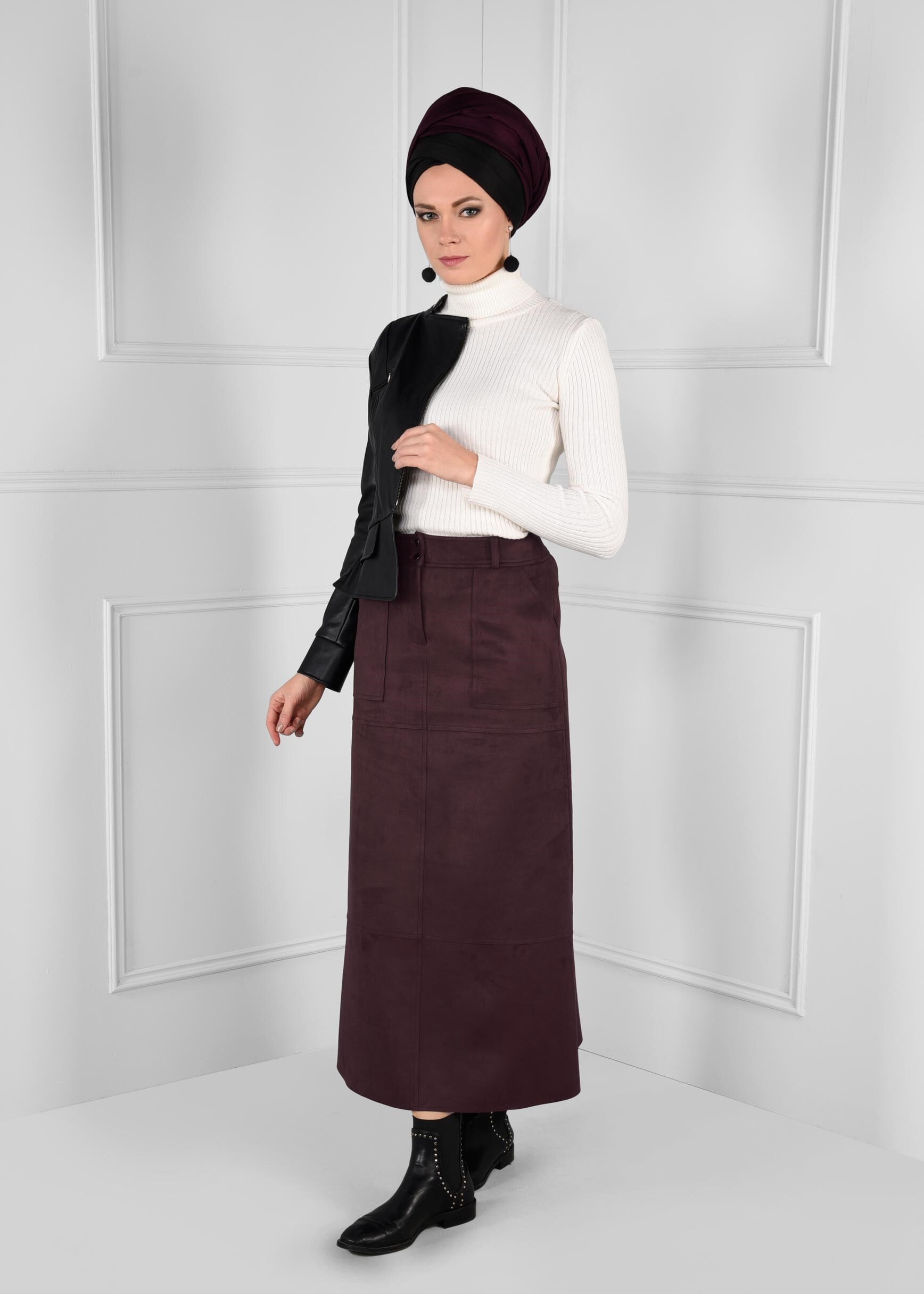 Tesettür giyim MÜRDÜM CEPLİ DÜĞMELİ SÜET ETEK 6108