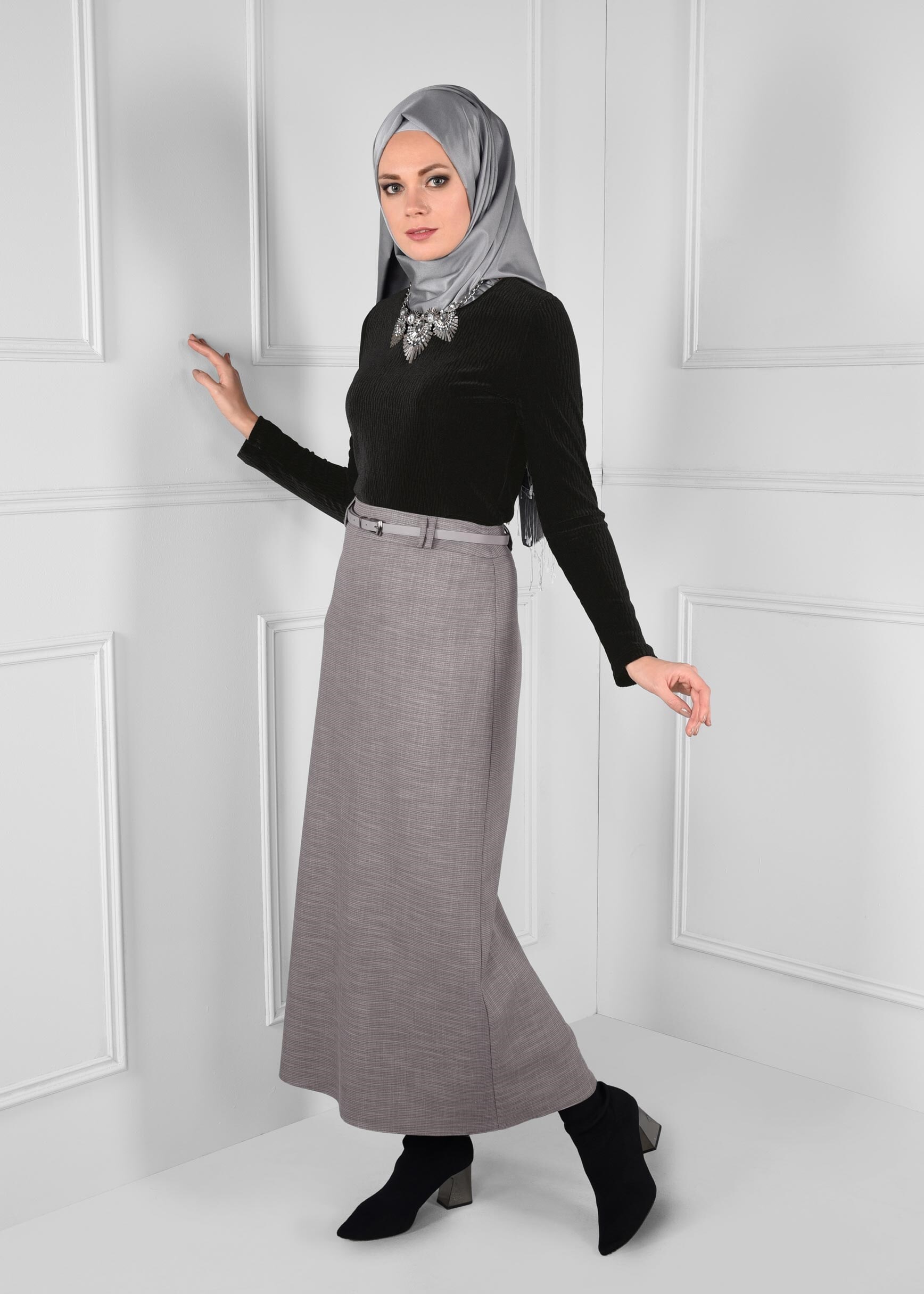 Tesettür giyim GRİ KEMERLİ GİZLİ YIRTMAÇLI ETEK 6110