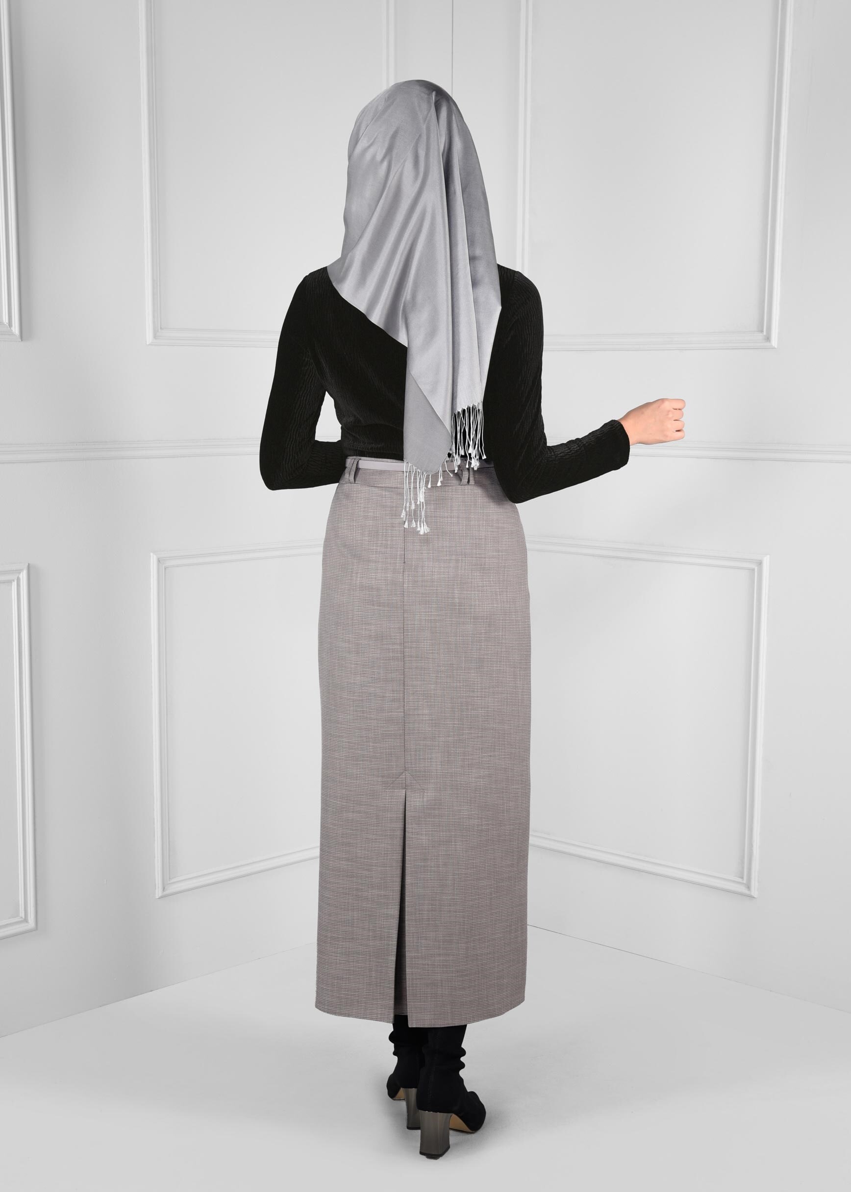 Tesettür giyim GRİ KEMERLİ GİZLİ YIRTMAÇLI ETEK 6110