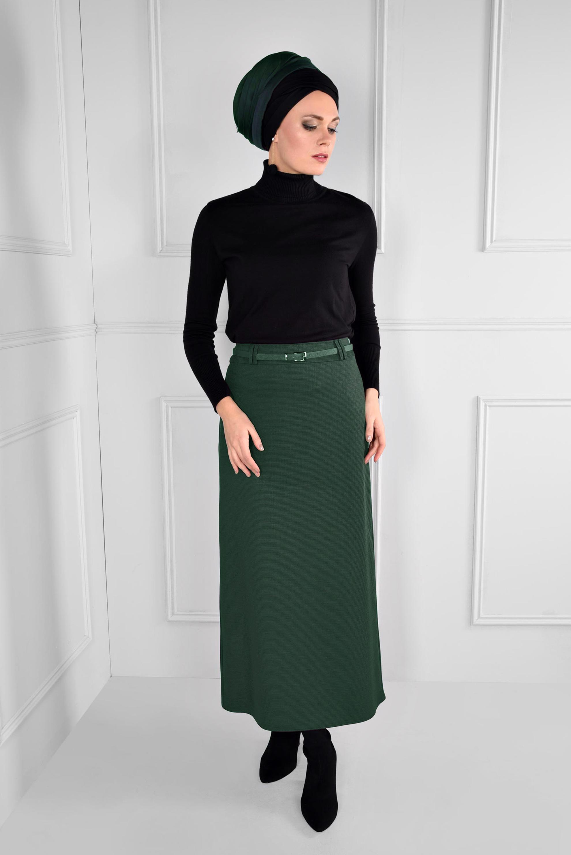 Tesettür giyim HAKİ KEMERLİ GİZLİ YIRTMAÇLI ETEK 6110