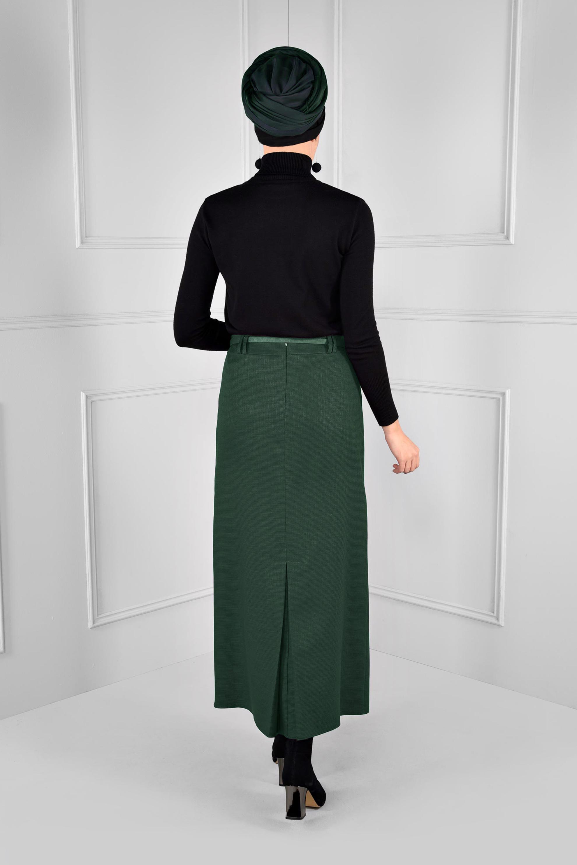 Tesettür giyim HAKİ KEMERLİ GİZLİ YIRTMAÇLI ETEK 6110