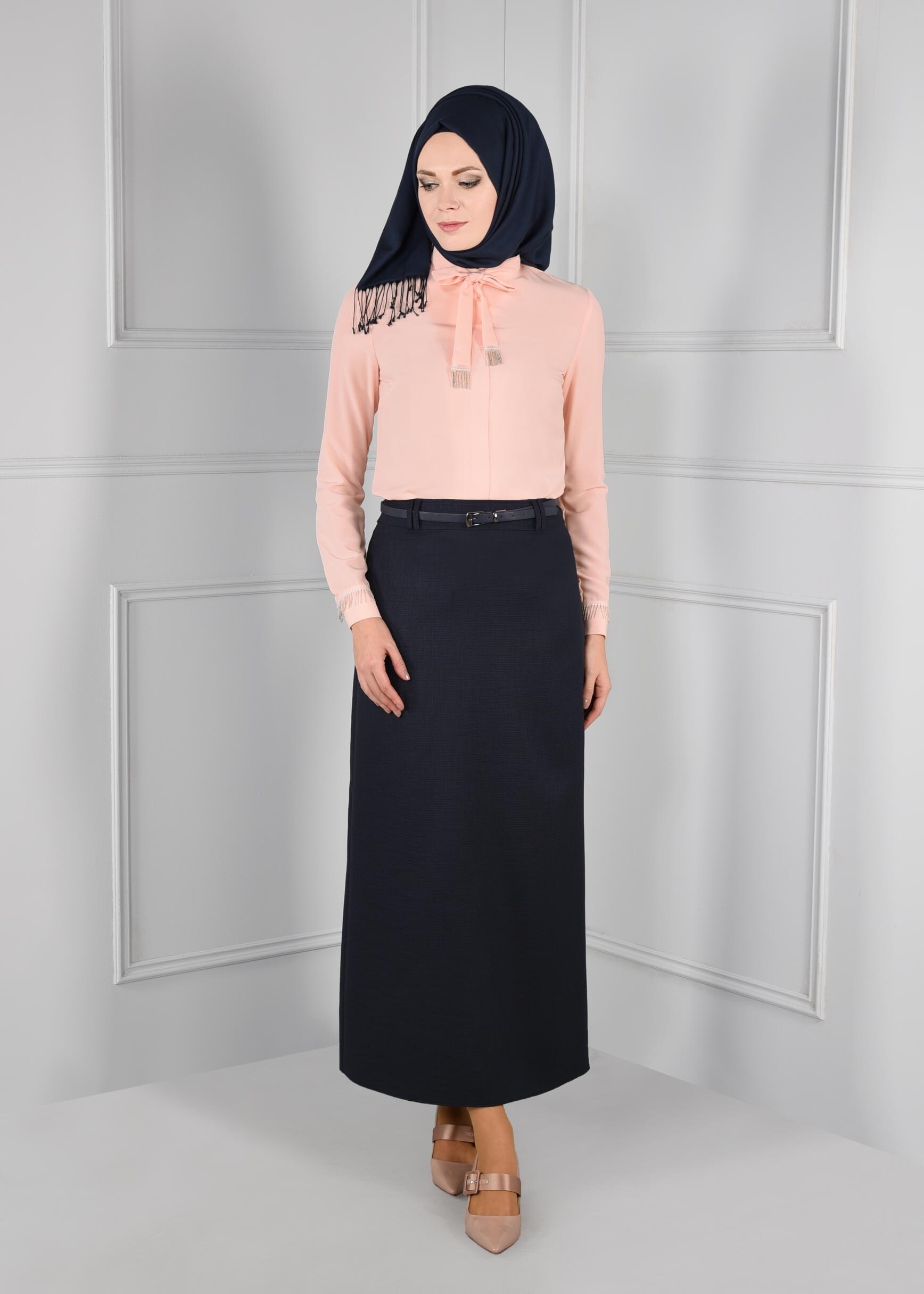 Tesettür giyim LACİVERT KEMERLİ GİZLİ YIRTMAÇLI ETEK 6110