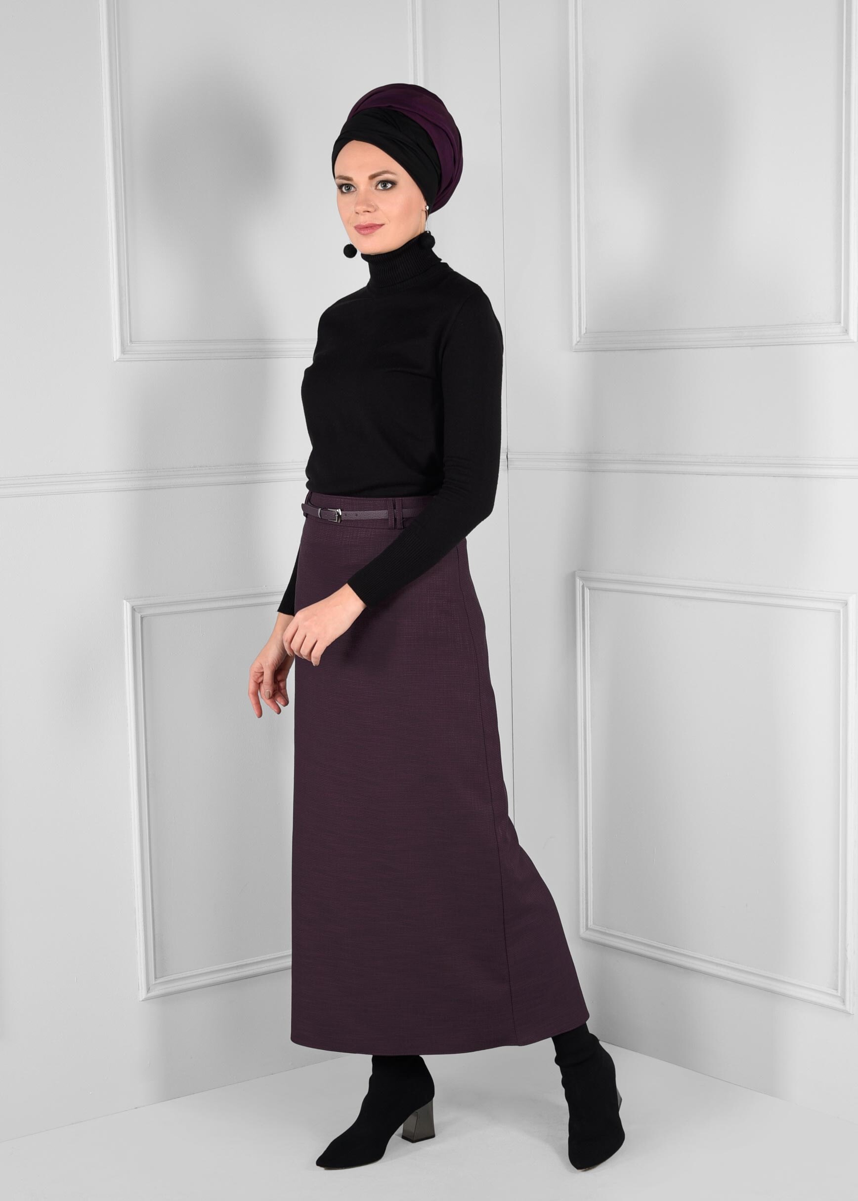 Tesettür giyim MÜRDÜM KEMERLİ GİZLİ YIRTMAÇLI ETEK 6110