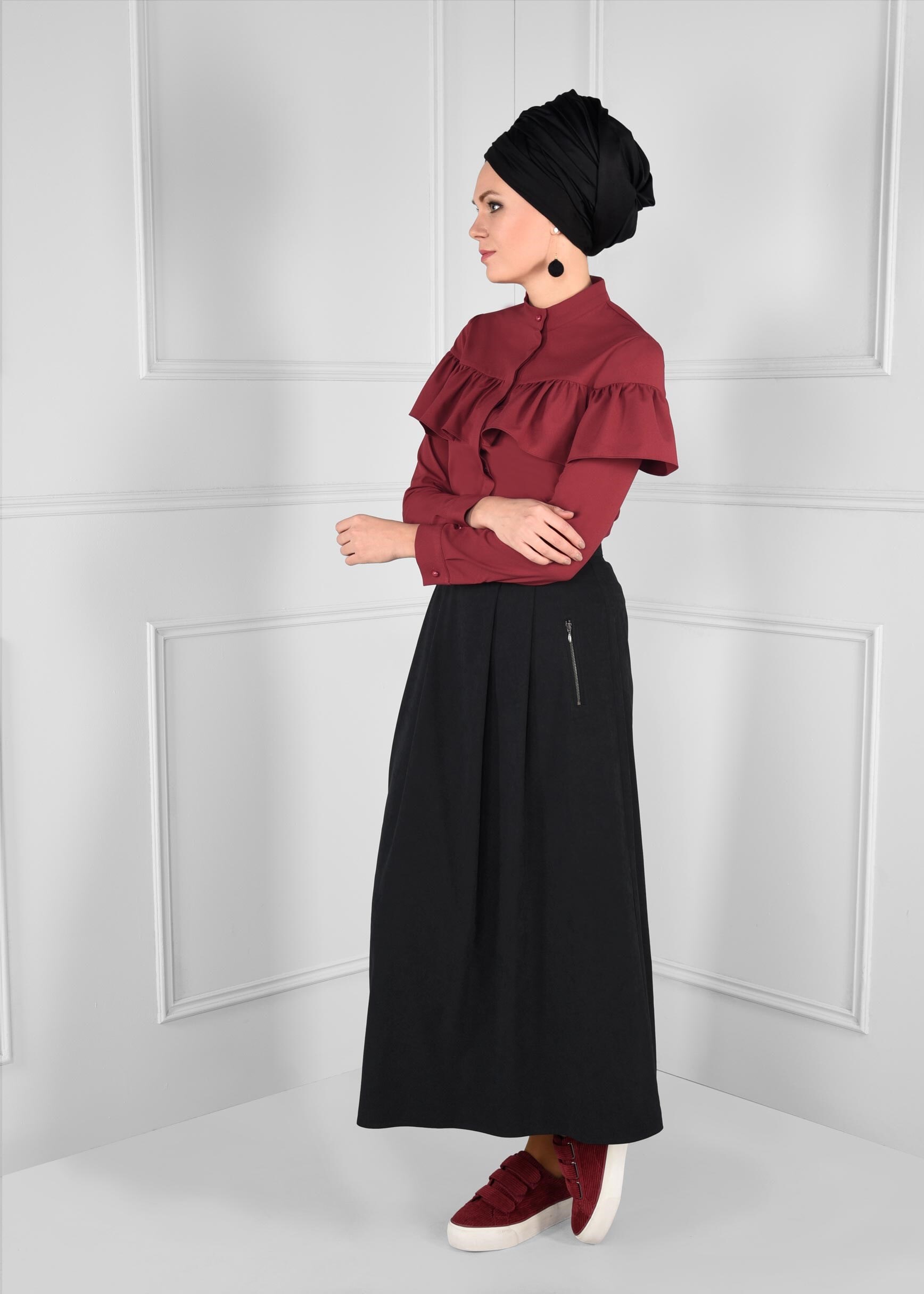 Tesettür giyim SİYAH CEP DETAYLI KLOŞ SÜET ETEK 6111