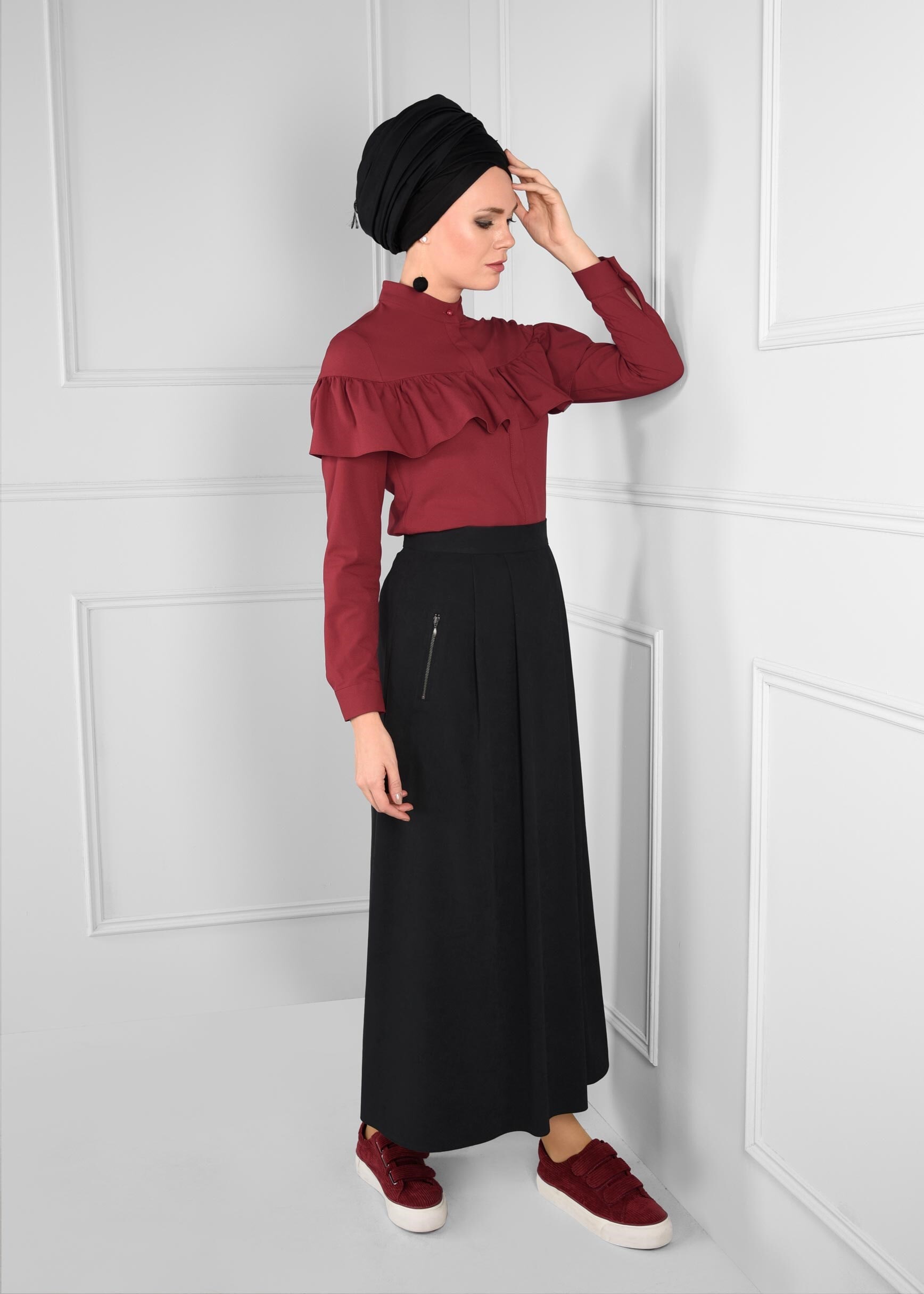 Tesettür giyim SİYAH CEP DETAYLI KLOŞ SÜET ETEK 6111